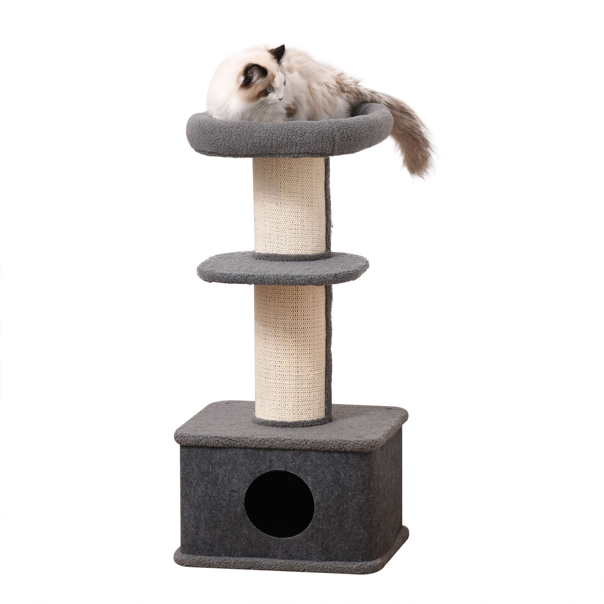 PawHut Cat Tree for Indoor Cats 100cm Kitten Climbing Tower Activity Center with Sisal Scratching Post Condo Perch Hanging Balls Teasing Rope Toy Cushion