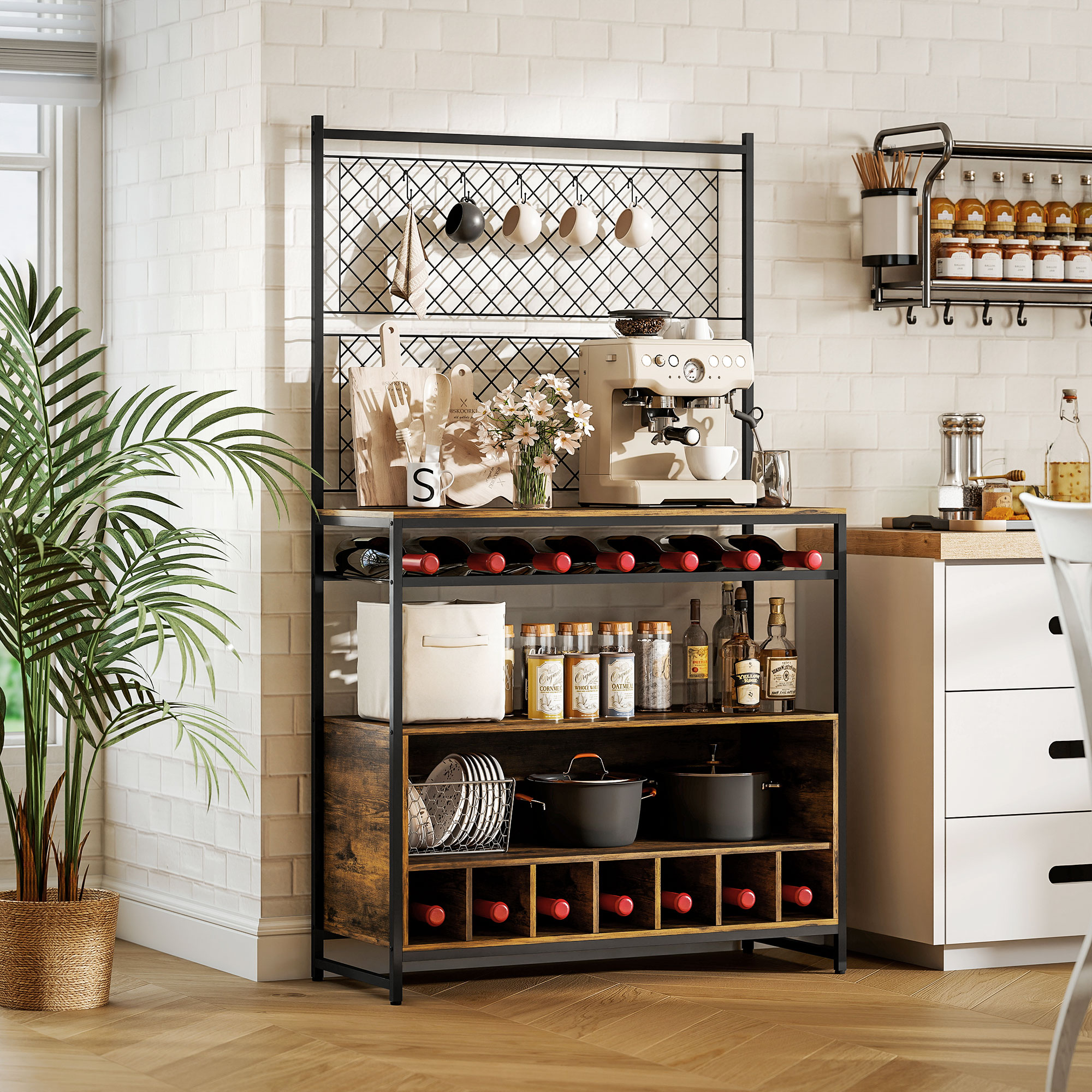 HOMCOM Küchenregal, Standregal mit 5 S-Haken, 2 Ablagen, Metallgitterpaneel günstig online kaufen
