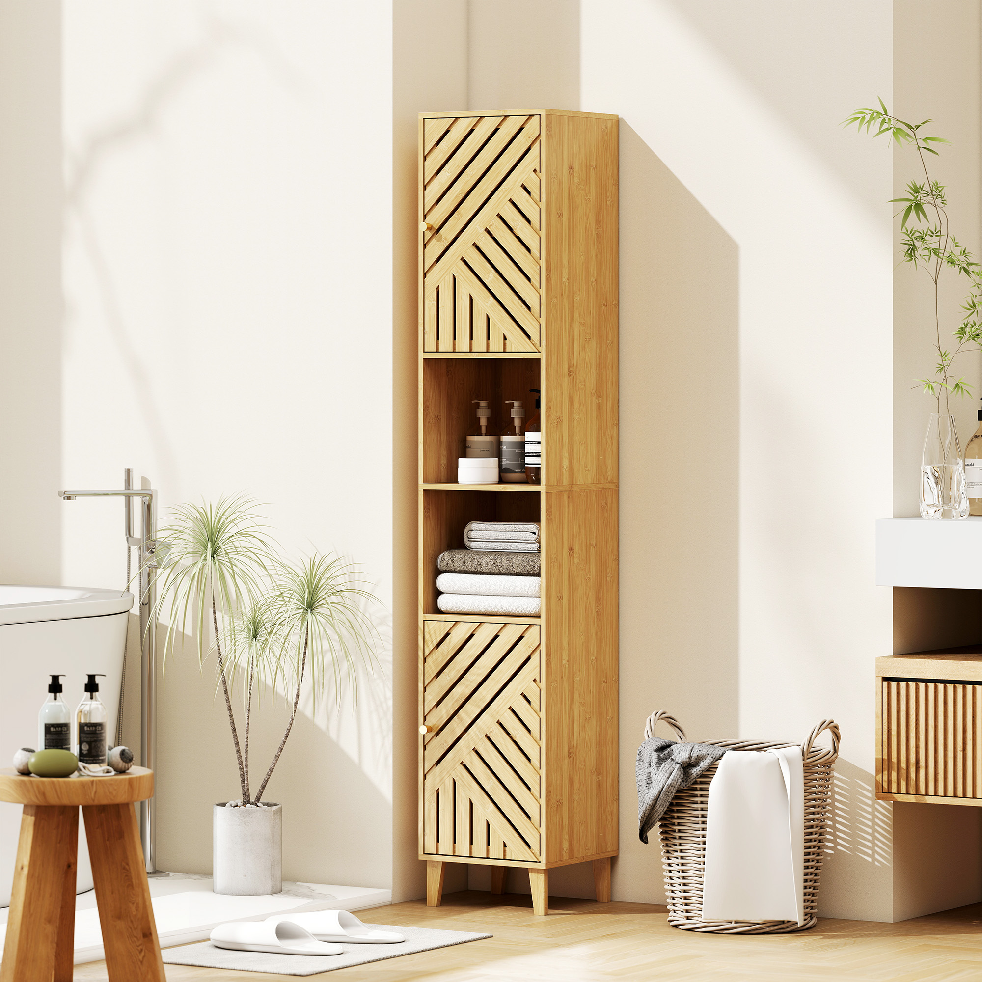 HOMCOM Hochschrank Badezimmer, Aufbewahrungsschrank Säule, Bambus Türen und günstig online kaufen
