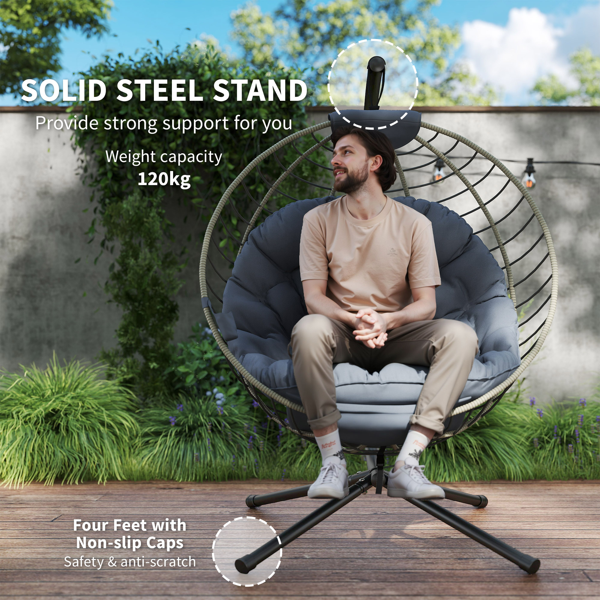 Outsunny PE Rattan Swing Chair, Outdoor Hanging Chair with Metal Stand, Thick Padded Cushion, Foldable Basket and Cup Holder, for Indoor and Outdoor, Grey 4