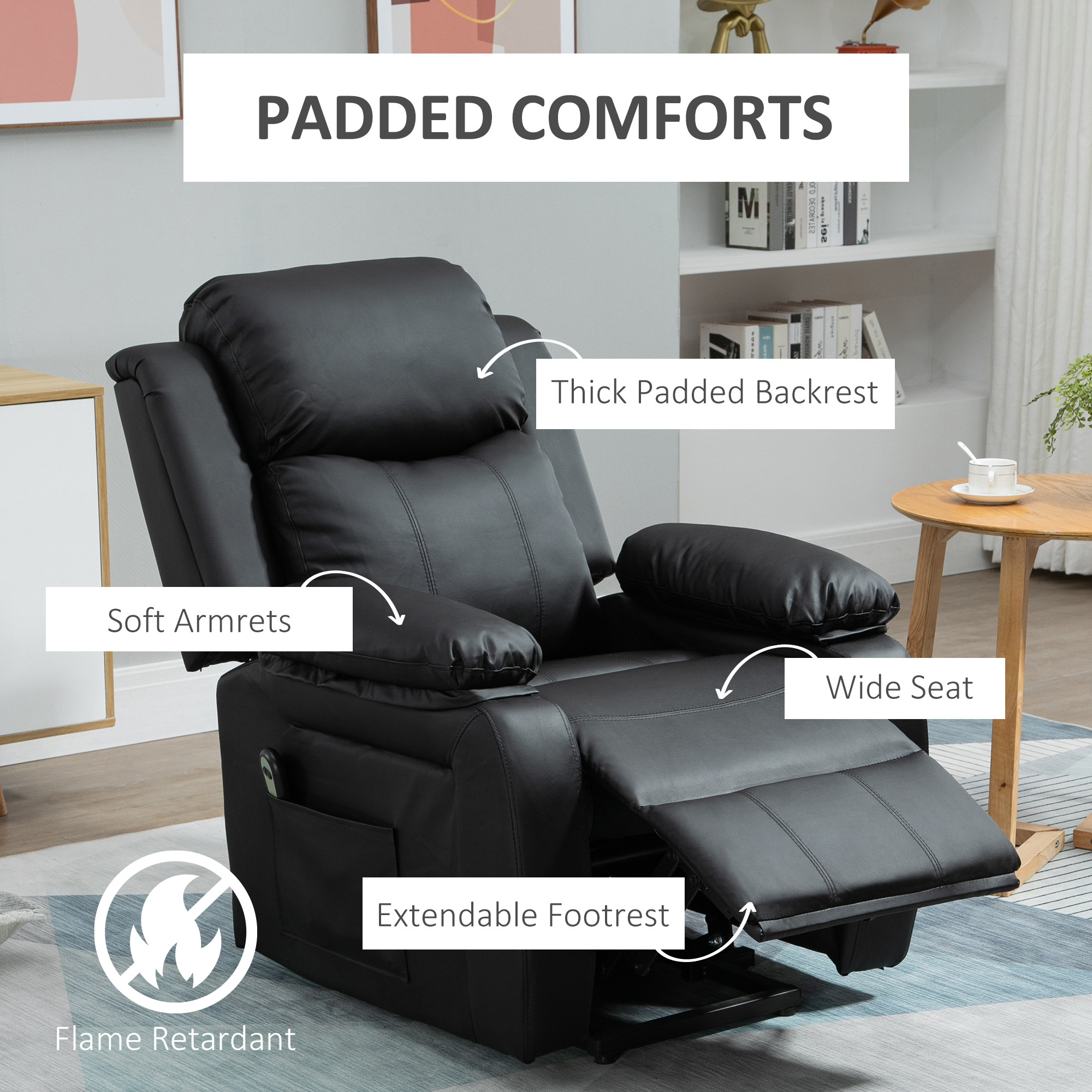 HOMCOM Power Lift Chair Recliner for Elderly, Electric Recliner Chair, Overstuffed Faux Leather Riser and Reclining Armchair with Remote Control, Side Pockets, for Living Room, Black 7