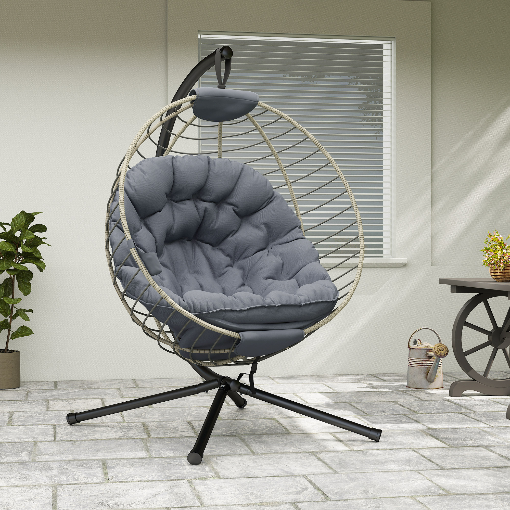 Outsunny PE Rattan Swing Chair, Outdoor Hanging Chair with Metal Stand, Thick Padded Cushion, Foldable Basket and Cup Holder, for Indoor and Outdoor, Grey 9