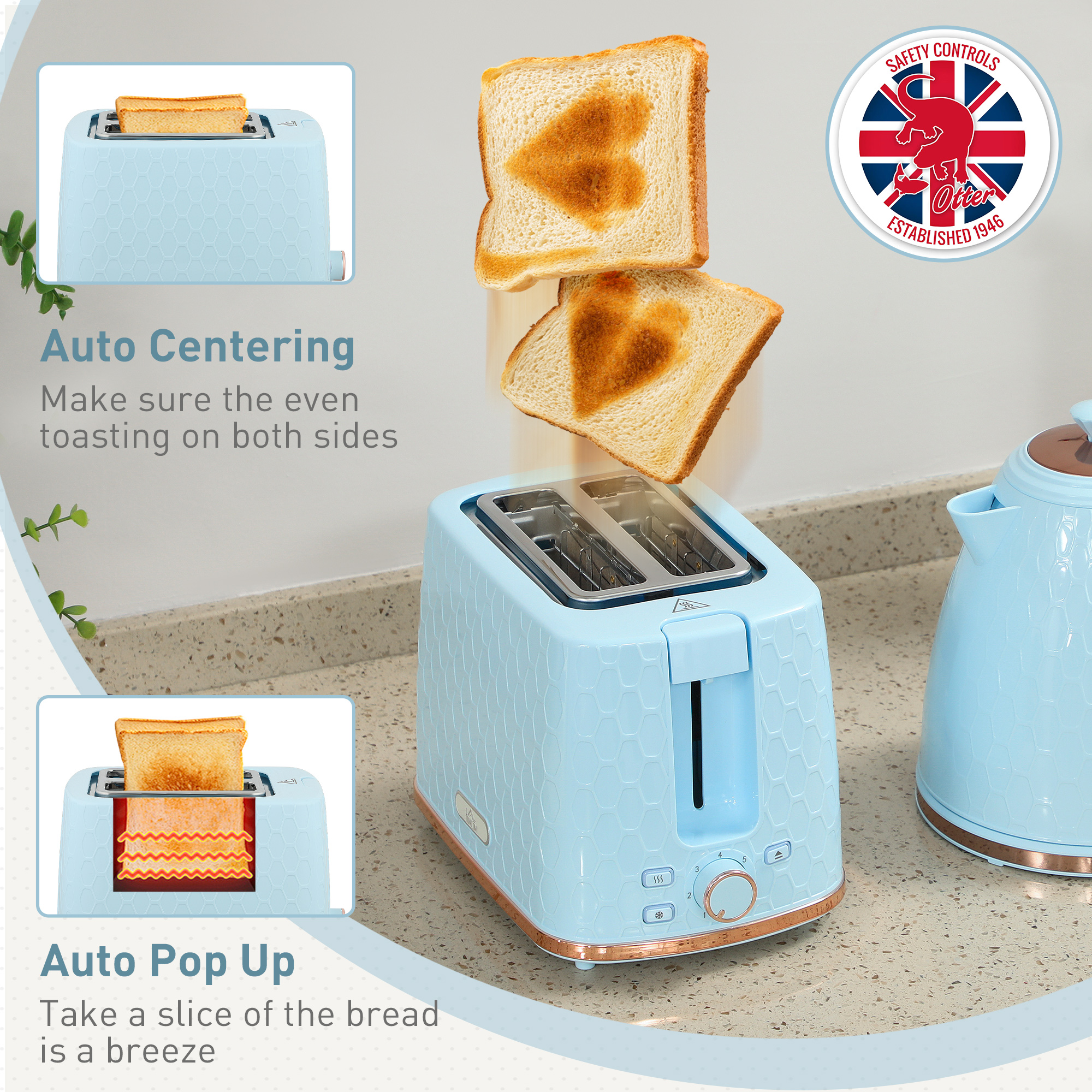 HOMCOM 1.7L 3000W Fast Boil Kettle & 2 Slice Toaster Set, Kettle and Toaster Set with Auto Shut Off, Browning Controls, Light Blue 6