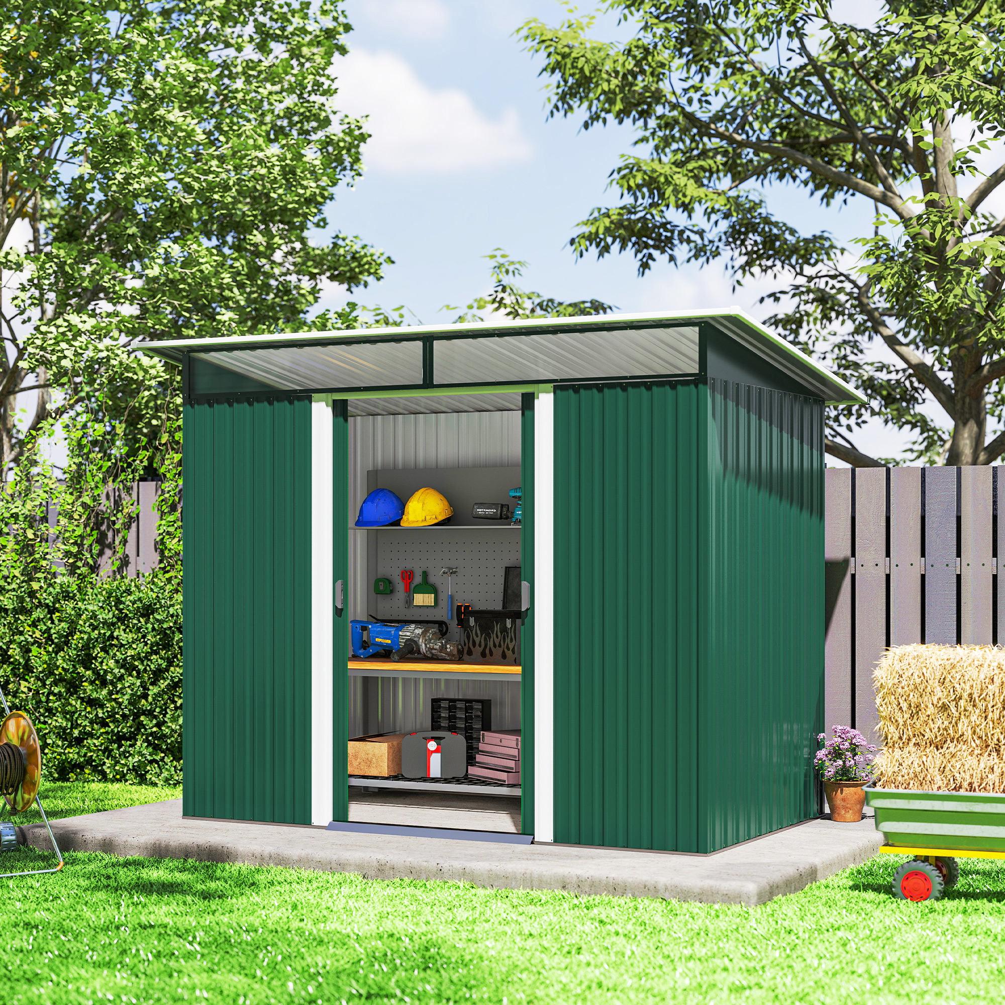 Outsunny 8.5 x 4ft Metal Shed with Lightsky Panels, Garden Storage Tool House with Double Doors for Garden, Patio and Lawn, Green 7