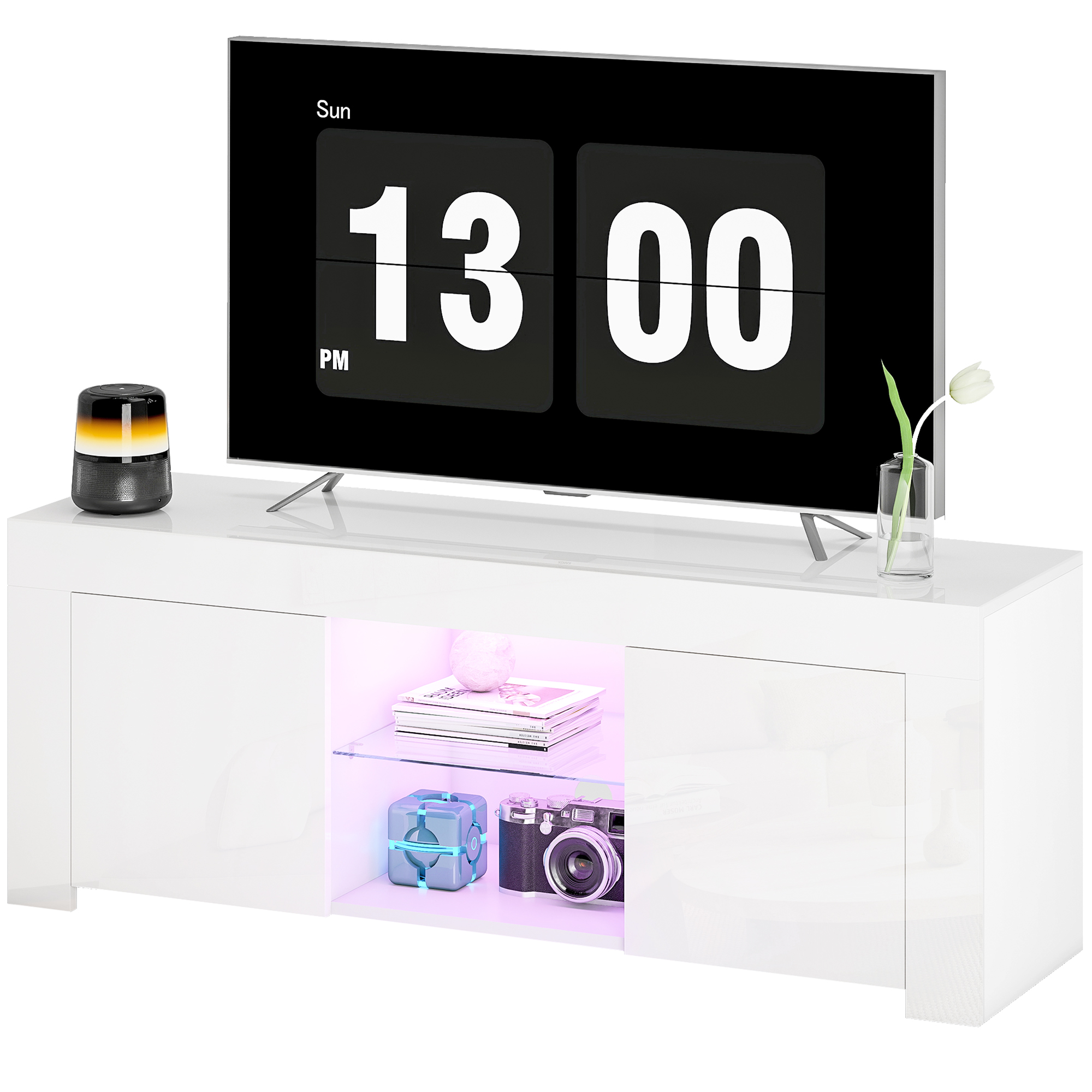 HOMCOM TV-kast Met LED-verlichting, 2 Kastdeuren, Glazen Plank Kabelopeningen Voor Woonkamer Spaanplaat Wit~20dcva71pog01