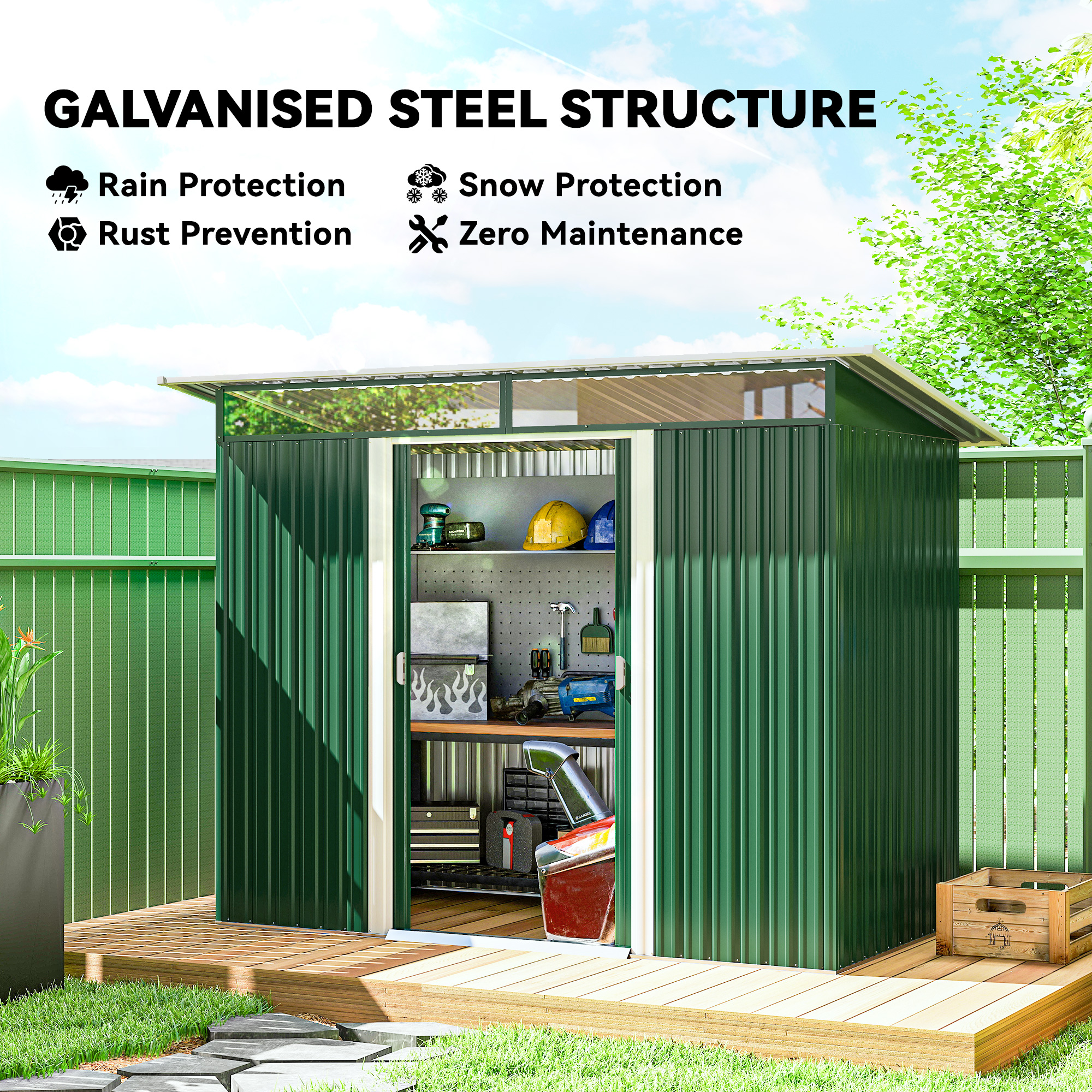 Outsunny 8.5 x 4ft Metal Shed with Lightsky Panels, Garden Storage Tool House with Double Doors for Garden, Patio and Lawn, Green 4