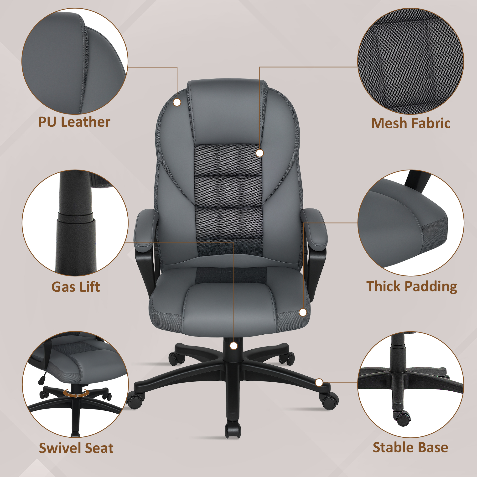 HOMCOM Faux Leather Office Chair Charcoal Grey 5