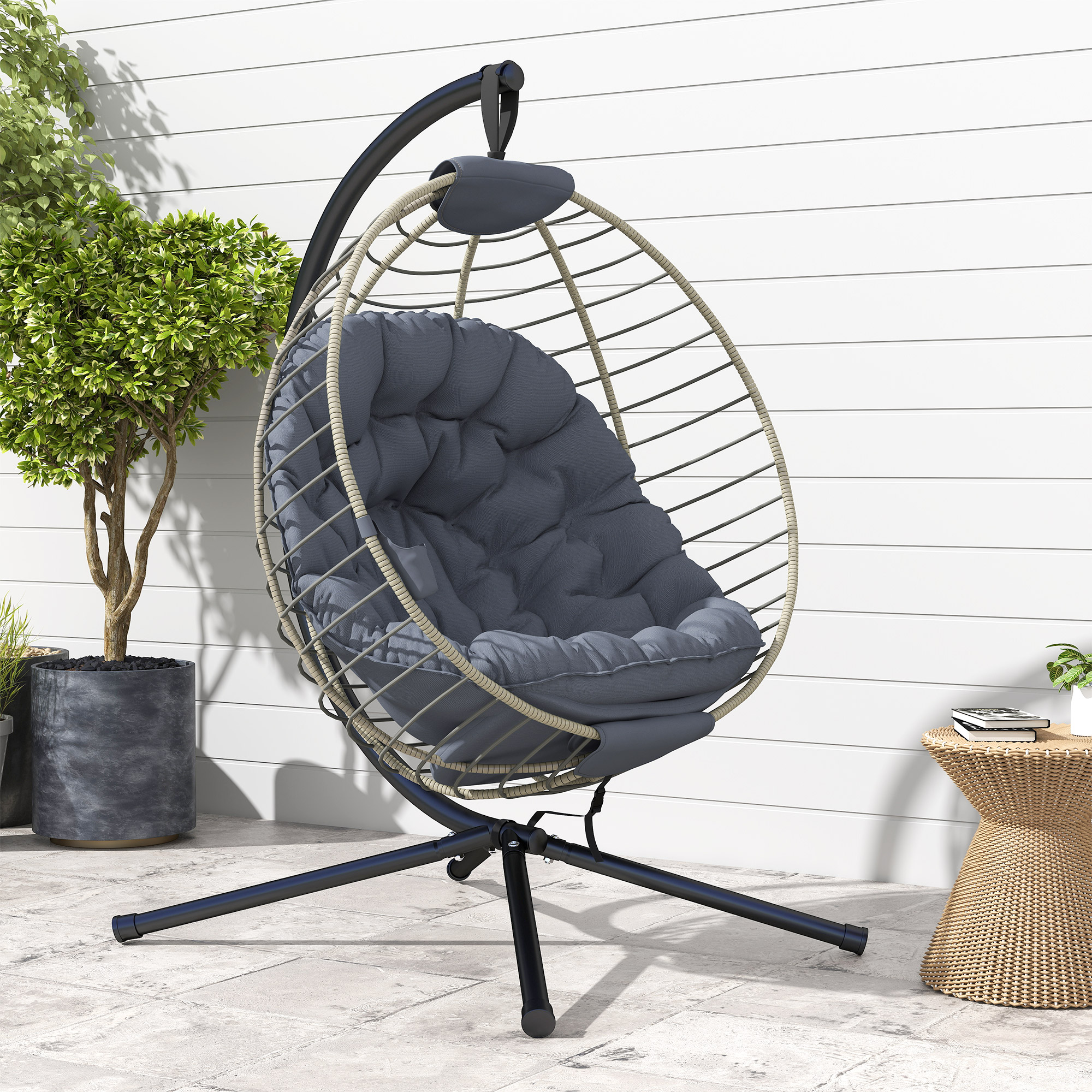 Outsunny PE Rattan Swing Chair, Outdoor Hanging Chair with Metal Stand, Thick Padded Cushion, Foldable Basket and Cup Holder, for Indoor and Outdoor, Grey 8