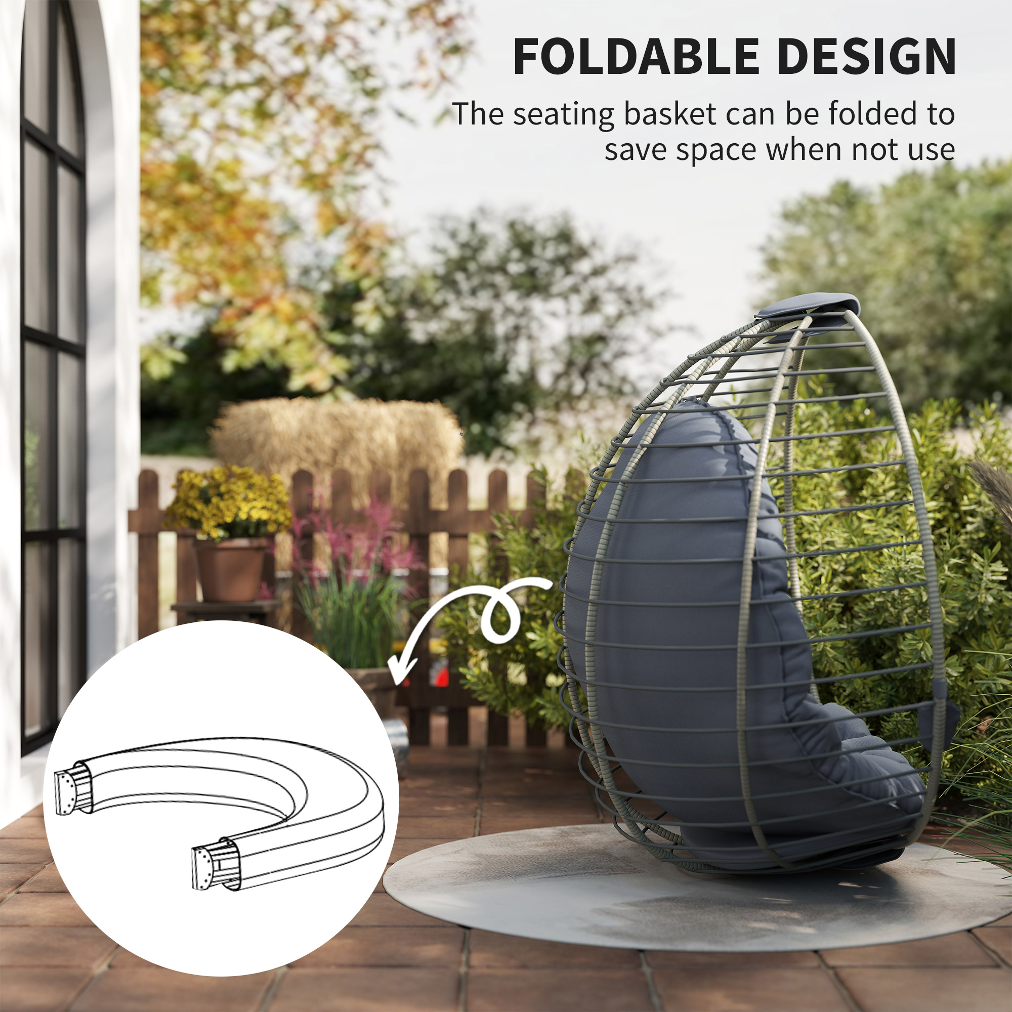 Outsunny PE Rattan Swing Chair, Outdoor Hanging Chair with Metal Stand, Thick Padded Cushion, Foldable Basket and Cup Holder, for Indoor and Outdoor, Grey 5