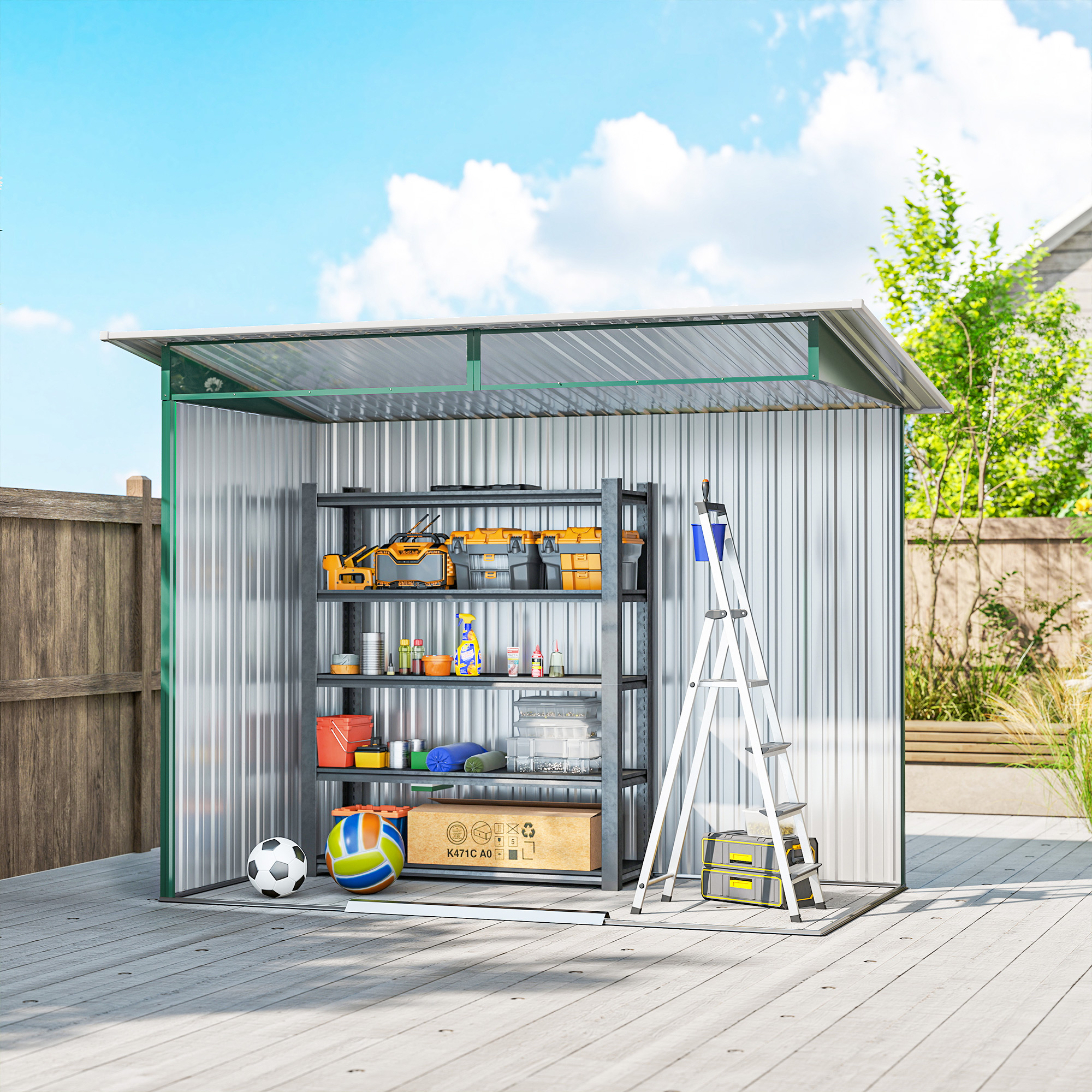 Outsunny 8.5 x 4ft Metal Shed with Lightsky Panels, Garden Storage Tool House with Double Doors for Garden, Patio and Lawn, Green 8