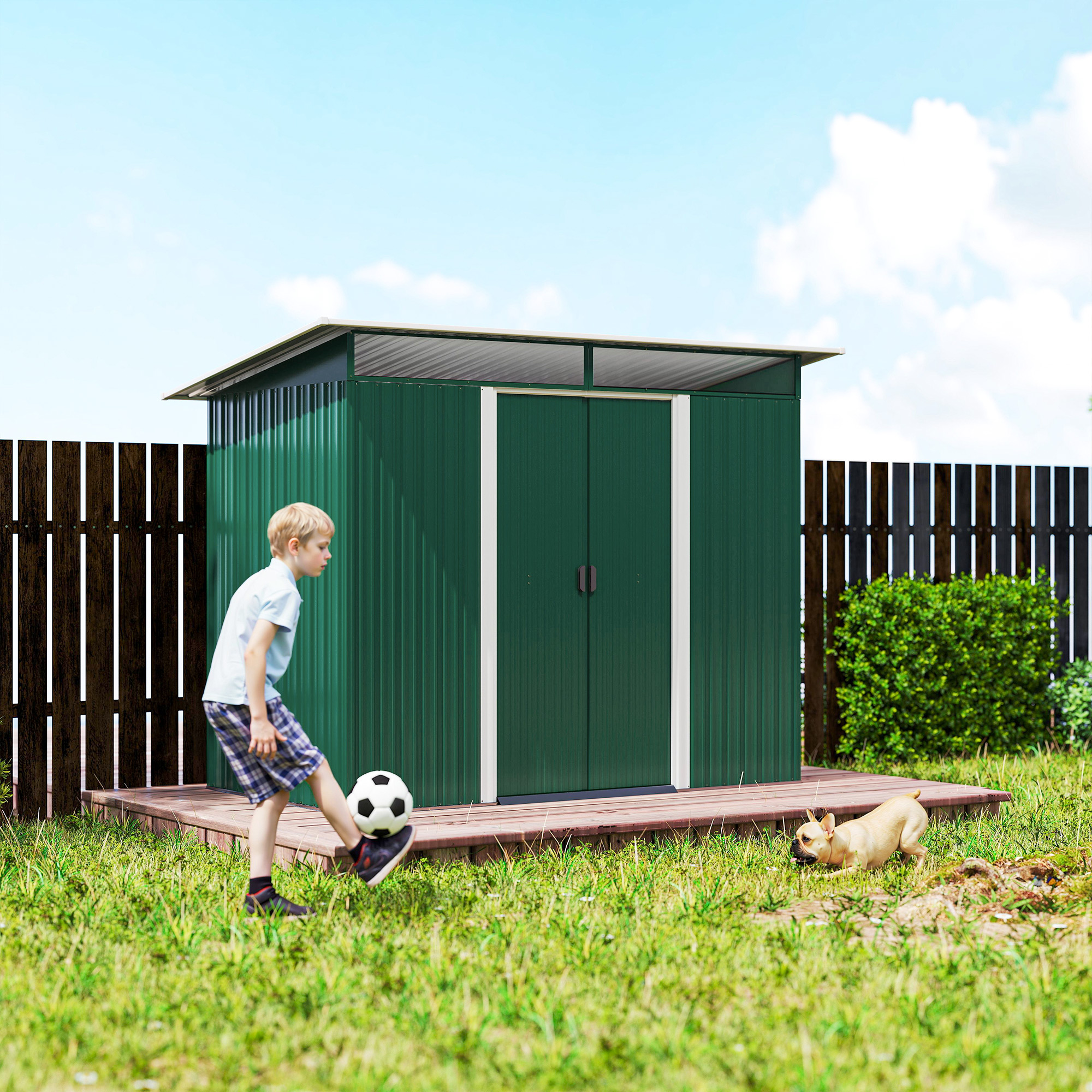 Outsunny 8.5 x 4ft Metal Shed with Lightsky Panels, Garden Storage Tool House with Double Doors for Garden, Patio and Lawn, Green 9