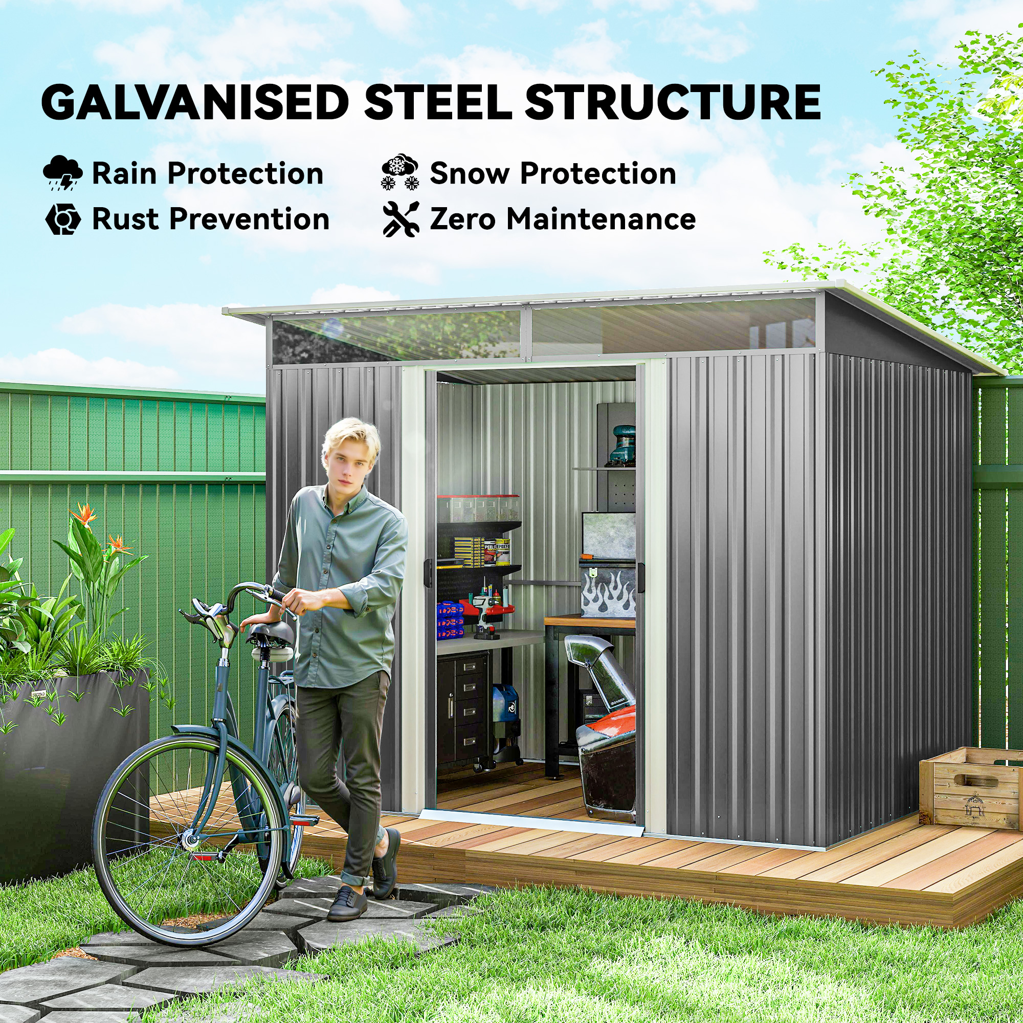 Outsunny Garden Metal Storage Shed House Hut Gardening Tool Storage w/ Tilted Roof and Ventilation 8.5 x 6ft, Grey 4