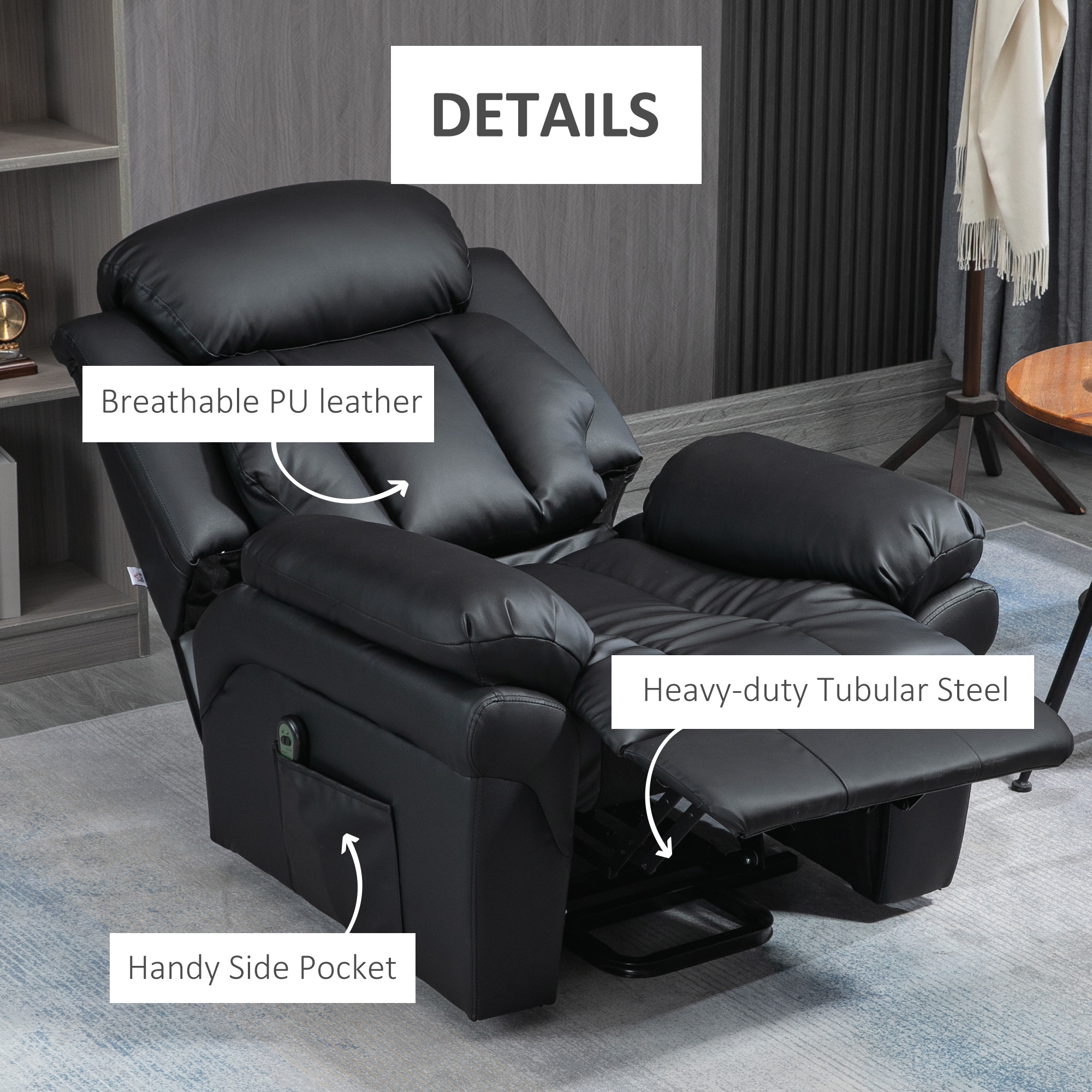 HOMCOM Power Lift Chair Recliner for Elderly, Electric Recliner Chair, Overstuffed Faux Leather Riser and Reclining Armchair with Remote Control, Side Pockets, for Living Room, Black 6
