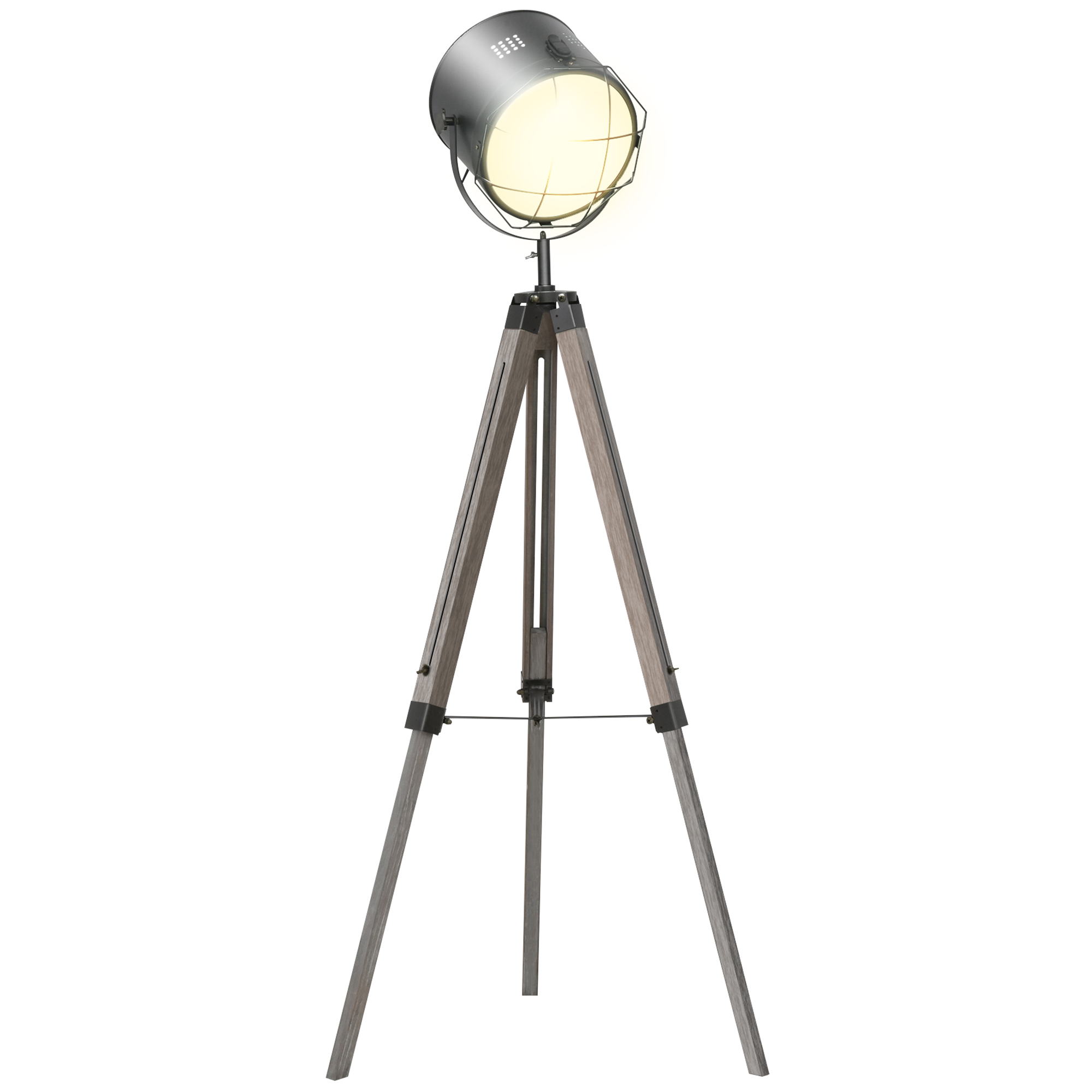 HOMCOM Industrial Style Adjustable Tripod Floor Lamp Vintage Spotlight Reading Lamp w/ Wood Metal Legs E27 Base For Living Room Bedroom, 100-140cm, Natural