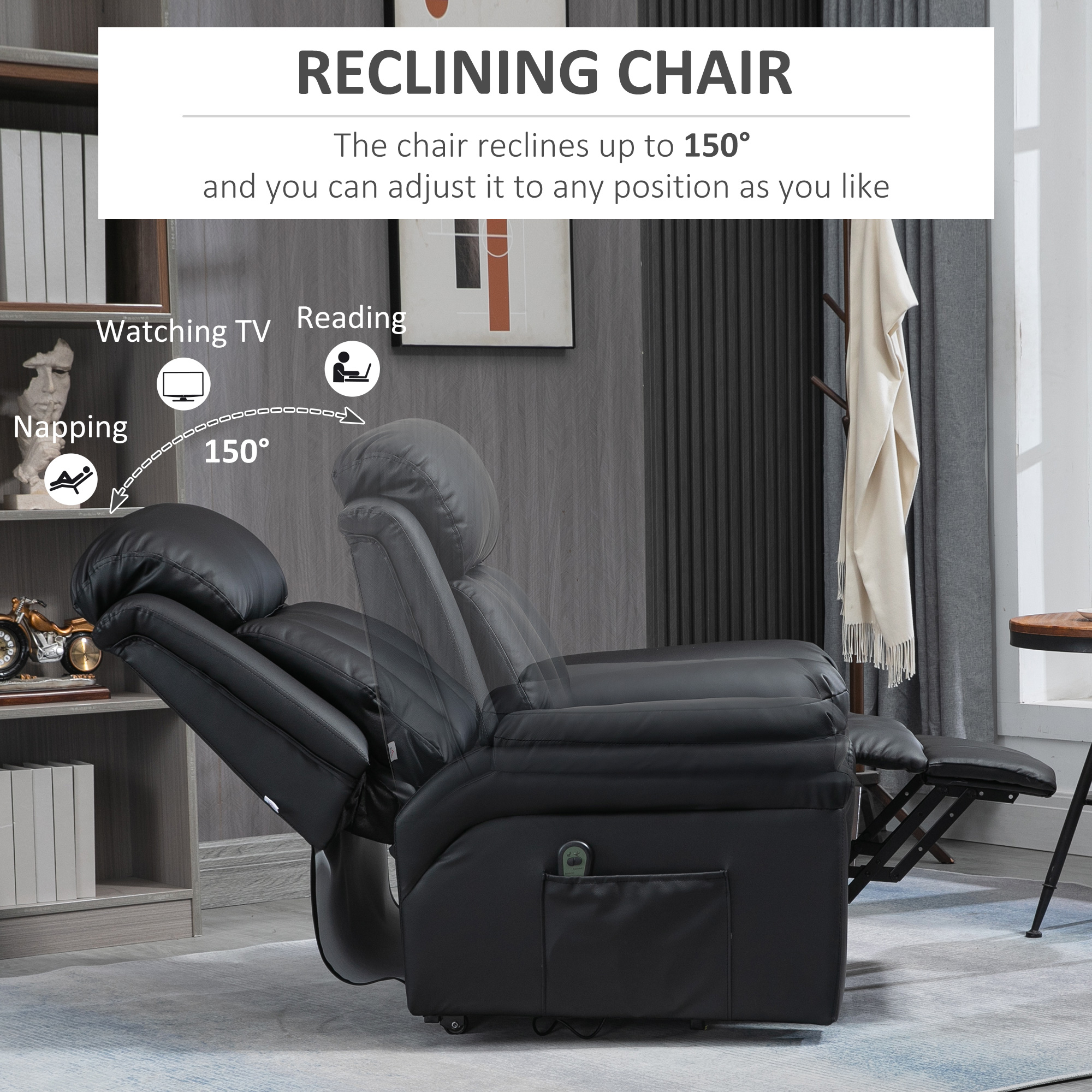 HOMCOM Power Lift Chair Recliner for Elderly, Electric Recliner Chair, Overstuffed Faux Leather Riser and Reclining Armchair with Remote Control, Side Pockets, for Living Room, Black 5
