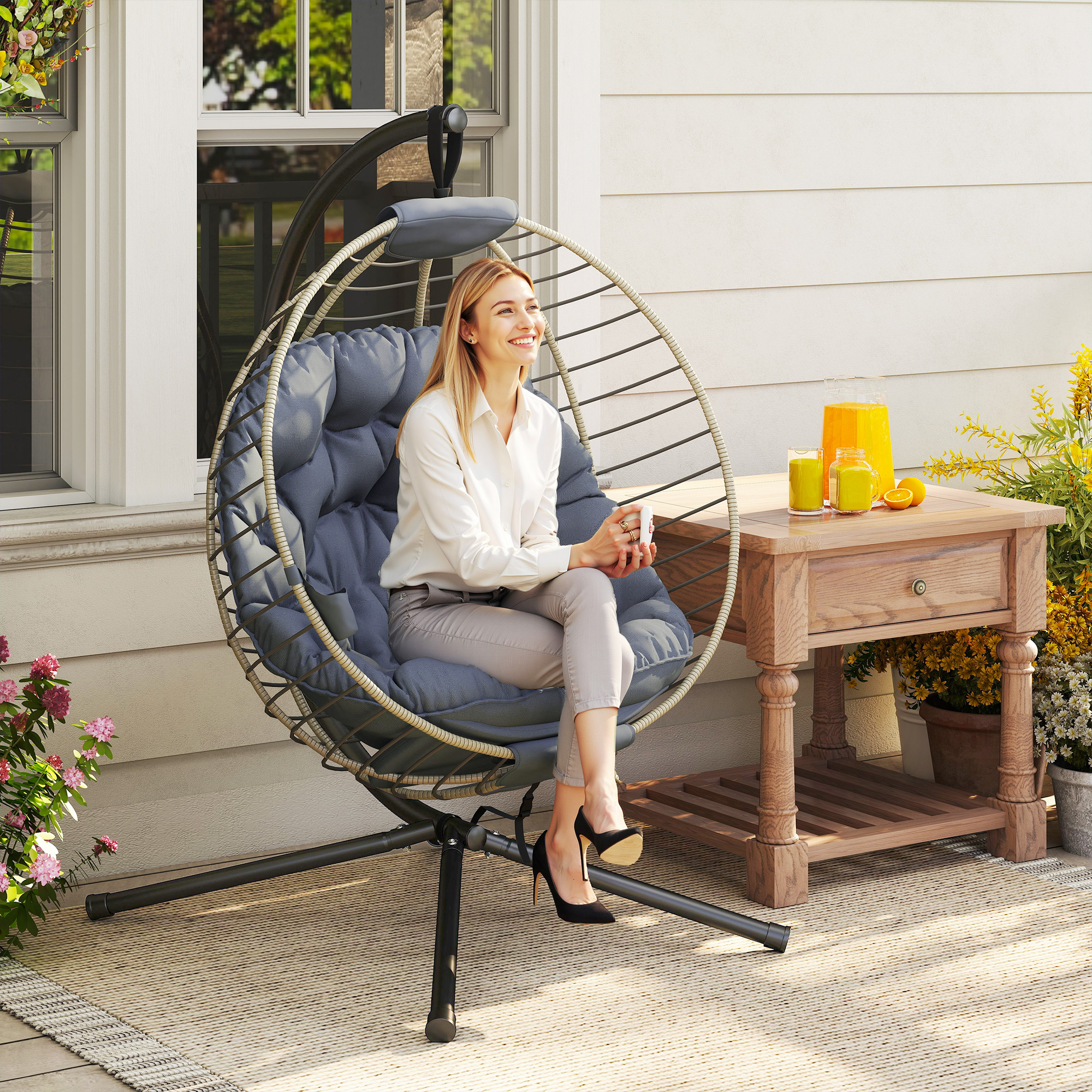 Outsunny PE Rattan Swing Chair, Outdoor Hanging Chair with Metal Stand, Thick Padded Cushion, Foldable Basket and Cup Holder, for Indoor and Outdoor, Grey 2