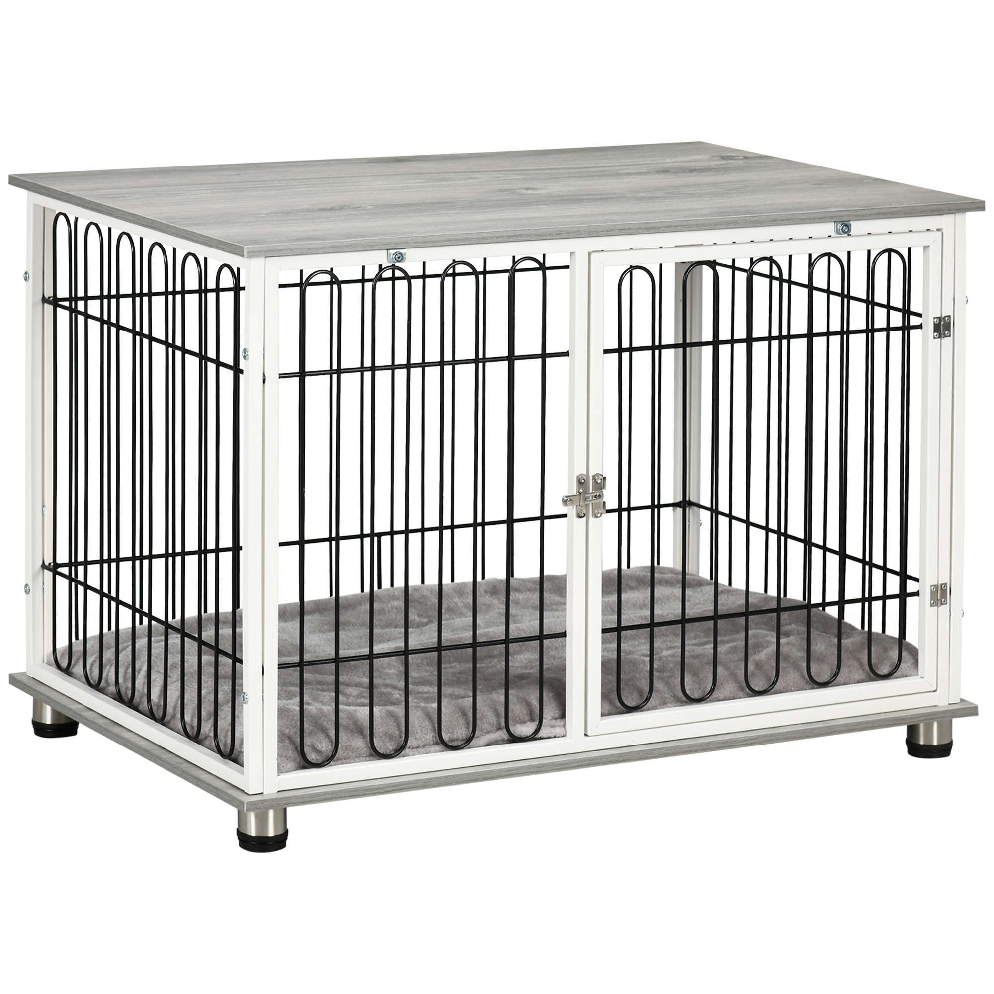 PawHut Indoor Dog Kennel w/ Soft Cushion, Double Door for Large Dogs, 106 x 74 x 81.5cm, Grey