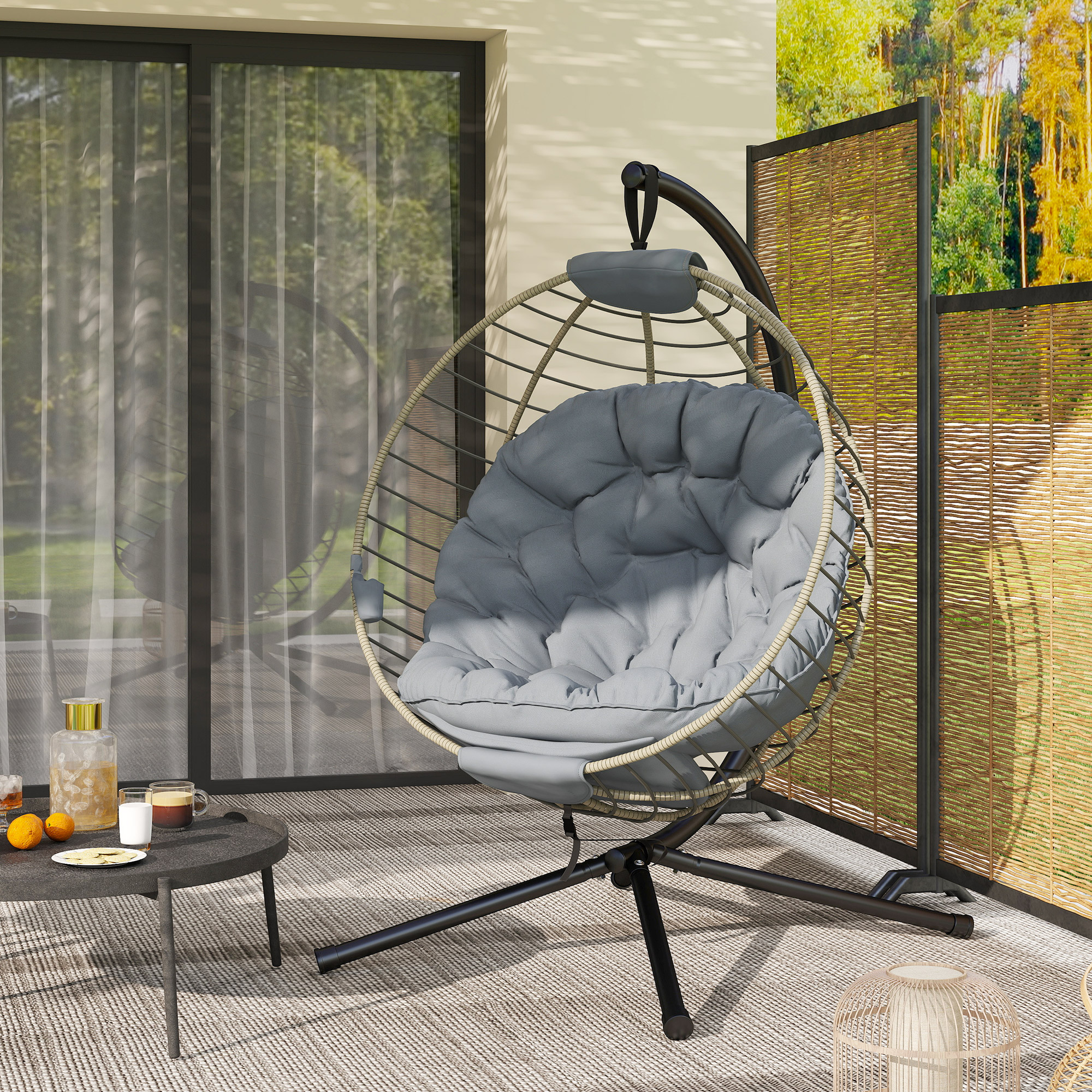 Outsunny PE Rattan Swing Chair, Outdoor Hanging Chair with Metal Stand, Thick Padded Cushion, Foldable Basket and Cup Holder, for Indoor and Outdoor, Grey 7