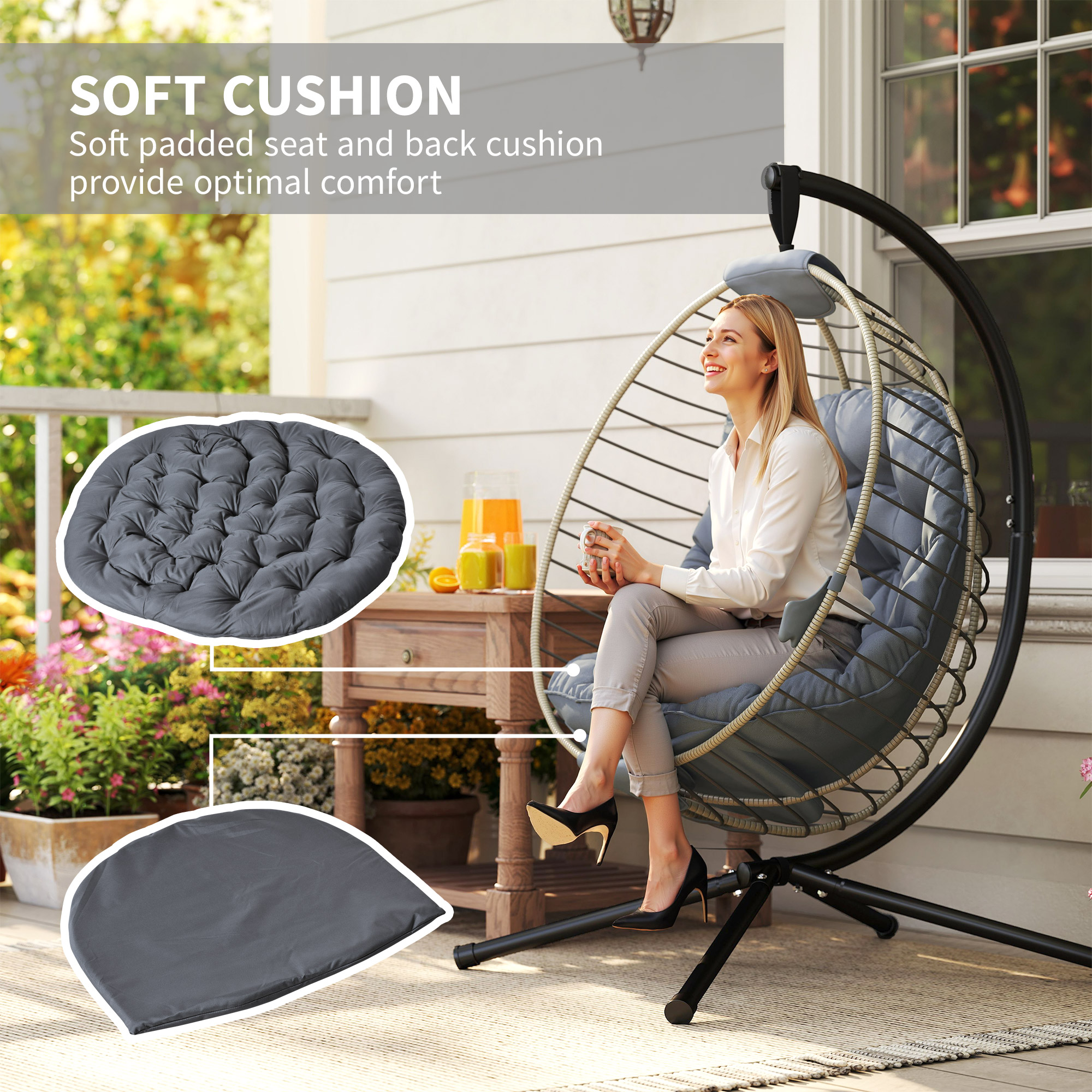 Outsunny PE Rattan Swing Chair, Outdoor Hanging Chair with Metal Stand, Thick Padded Cushion, Foldable Basket and Cup Holder, for Indoor and Outdoor, Grey 6