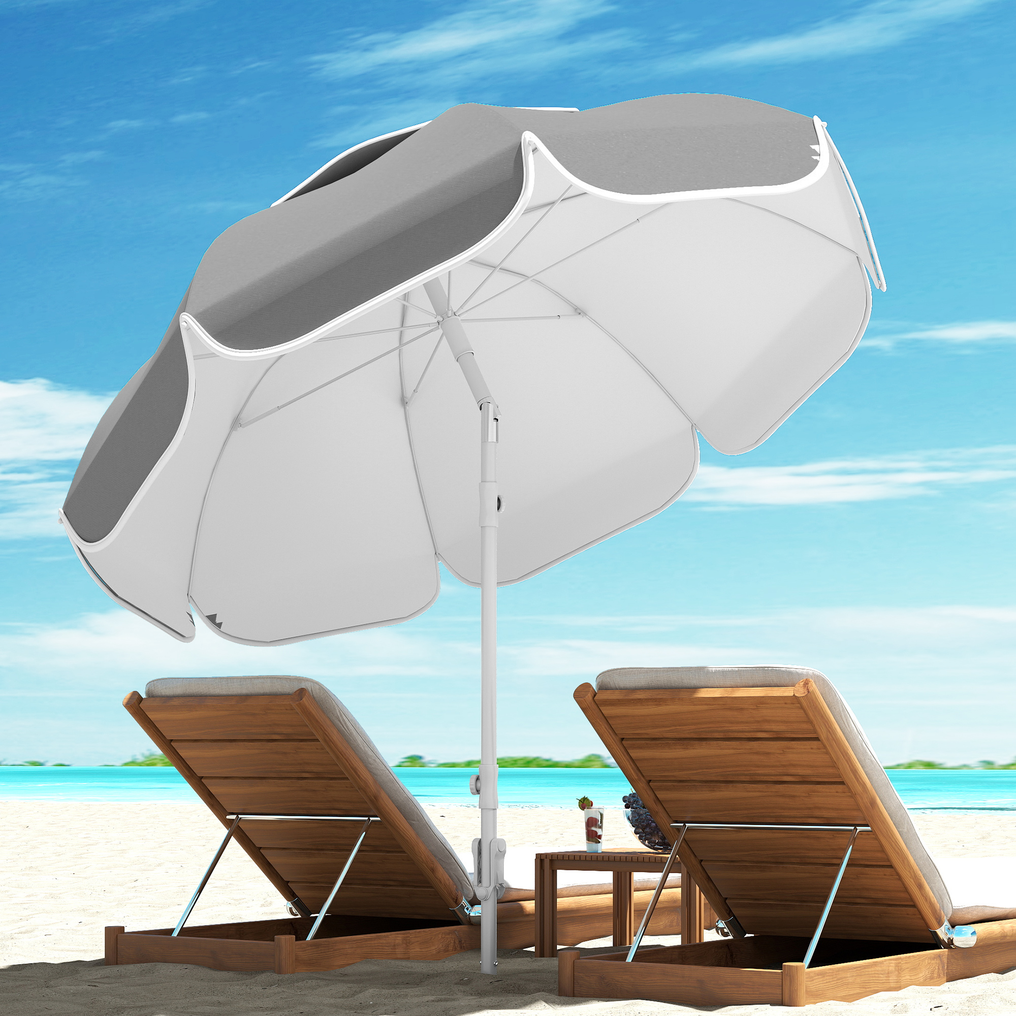 Outsunny Beach Umbrella Portable with Sand Anchor, Carry Bag, Adjustable Height & Tilt, UPF50+ UV Protection, Grey