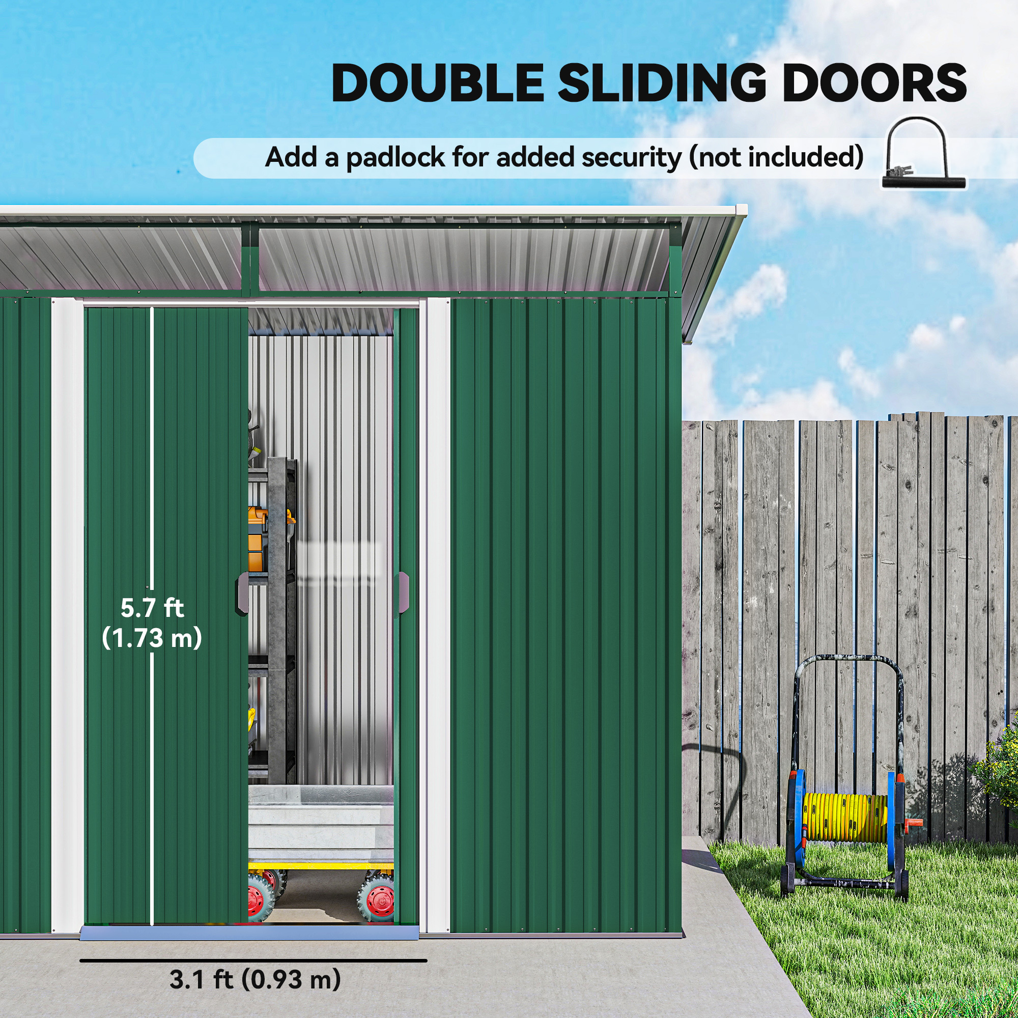 Outsunny 8.5 x 4ft Metal Shed with Lightsky Panels, Garden Storage Tool House with Double Doors for Garden, Patio and Lawn, Green 5