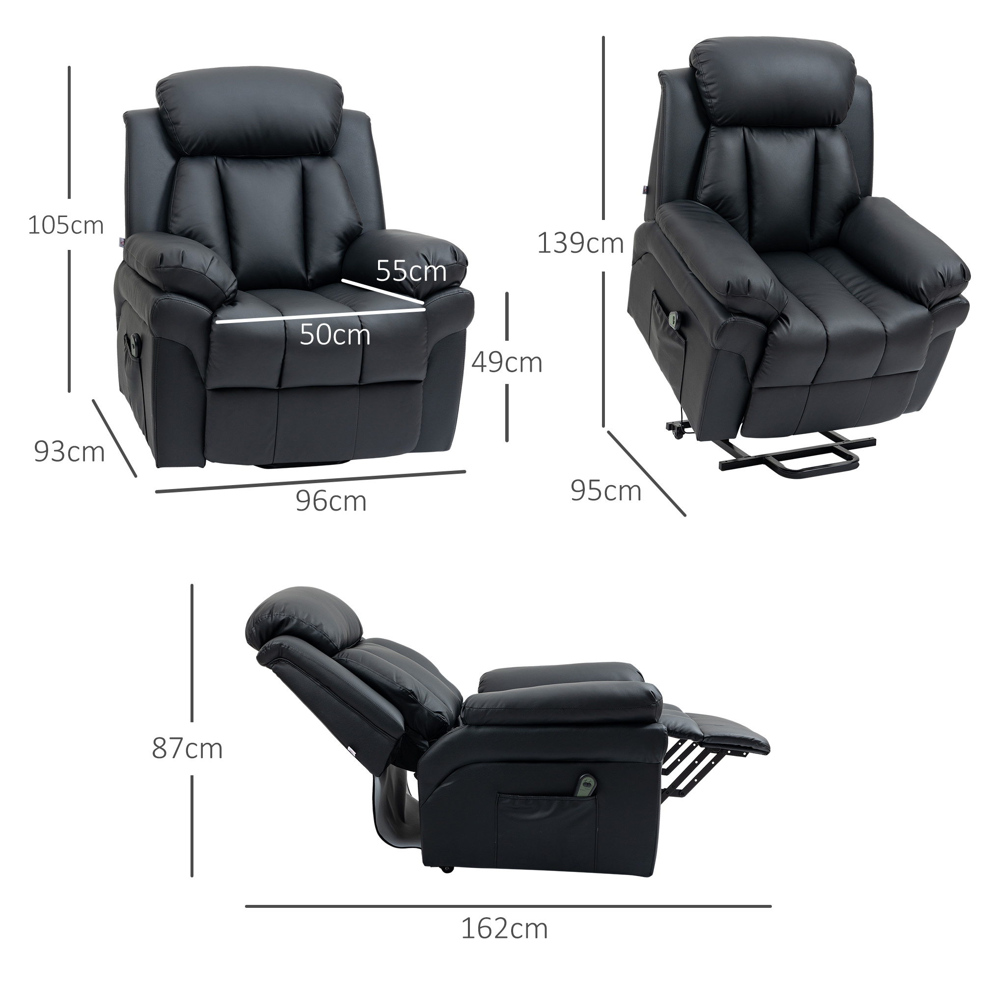 HOMCOM Power Lift Chair Recliner for Elderly, Electric Recliner Chair, Overstuffed Faux Leather Riser and Reclining Armchair with Remote Control, Side Pockets, for Living Room, Black 3