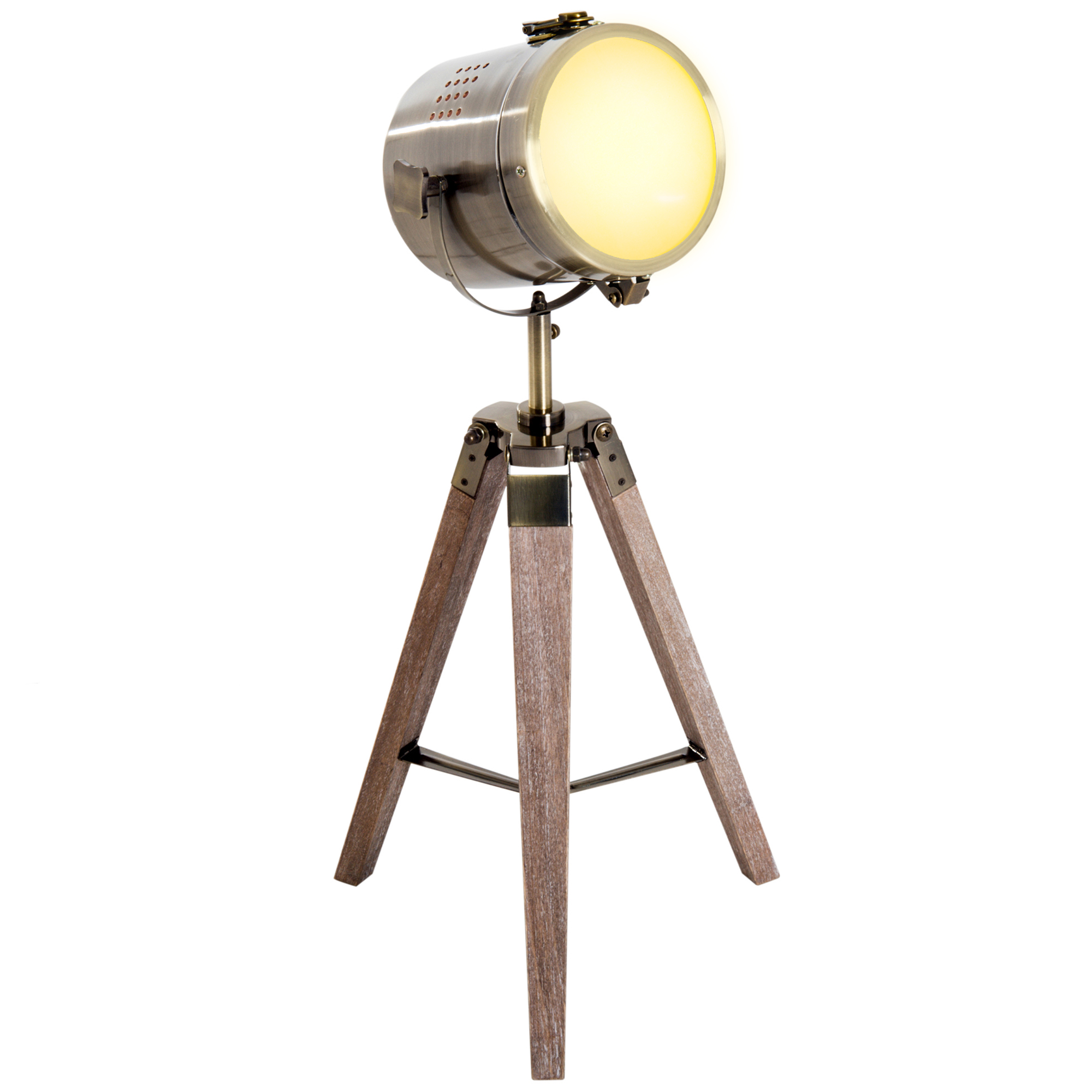 HOMCOM Industrial Tripod Floor Lamp, Nautical Cinema Standing Spotlight with Wood Legs and Adjustable Height for Living Room, Bedroom, Black and Silver