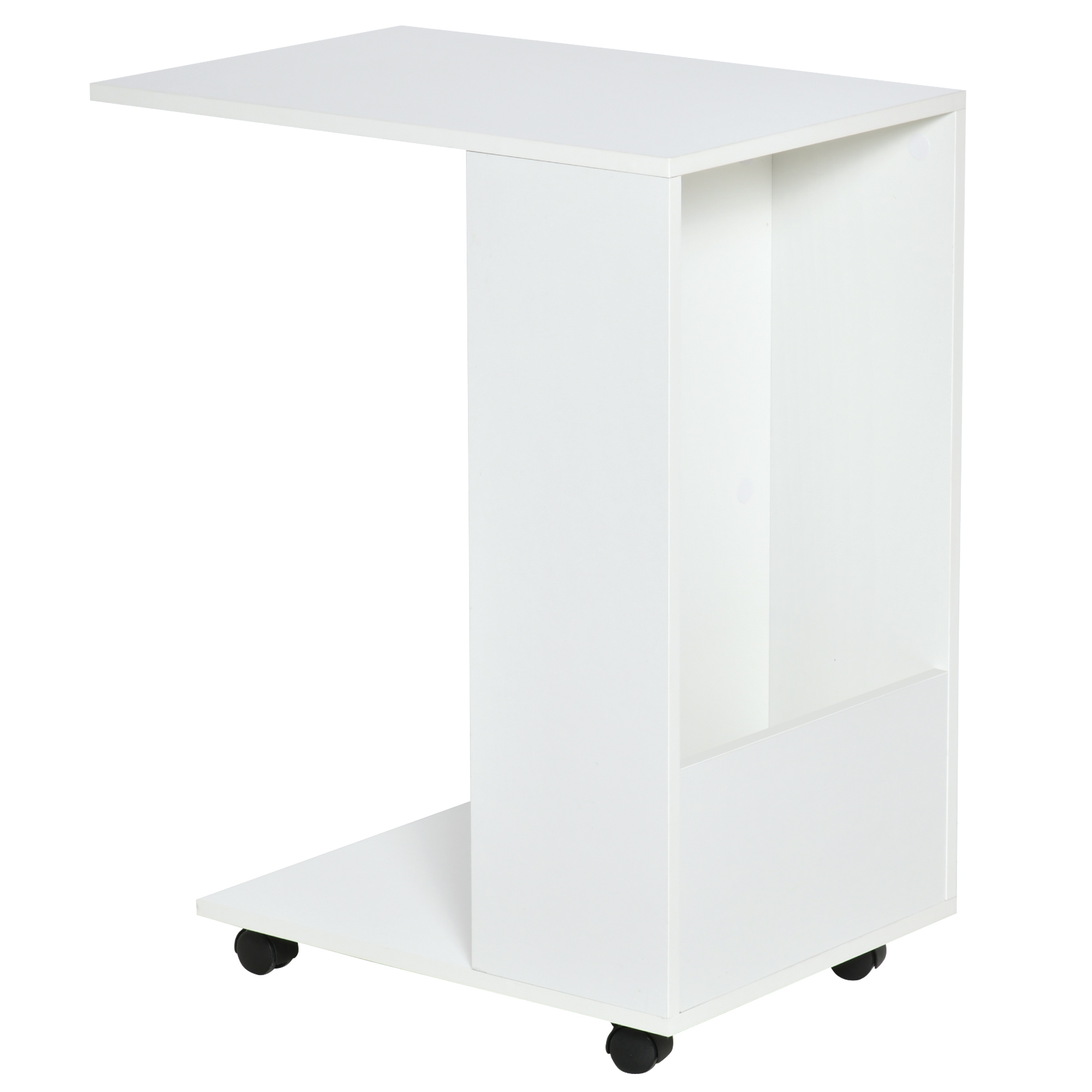HOMCOM Mobile Sofa Side Table C-Shape End Table with Storage and Casters for Laptop Coffee Snack, White