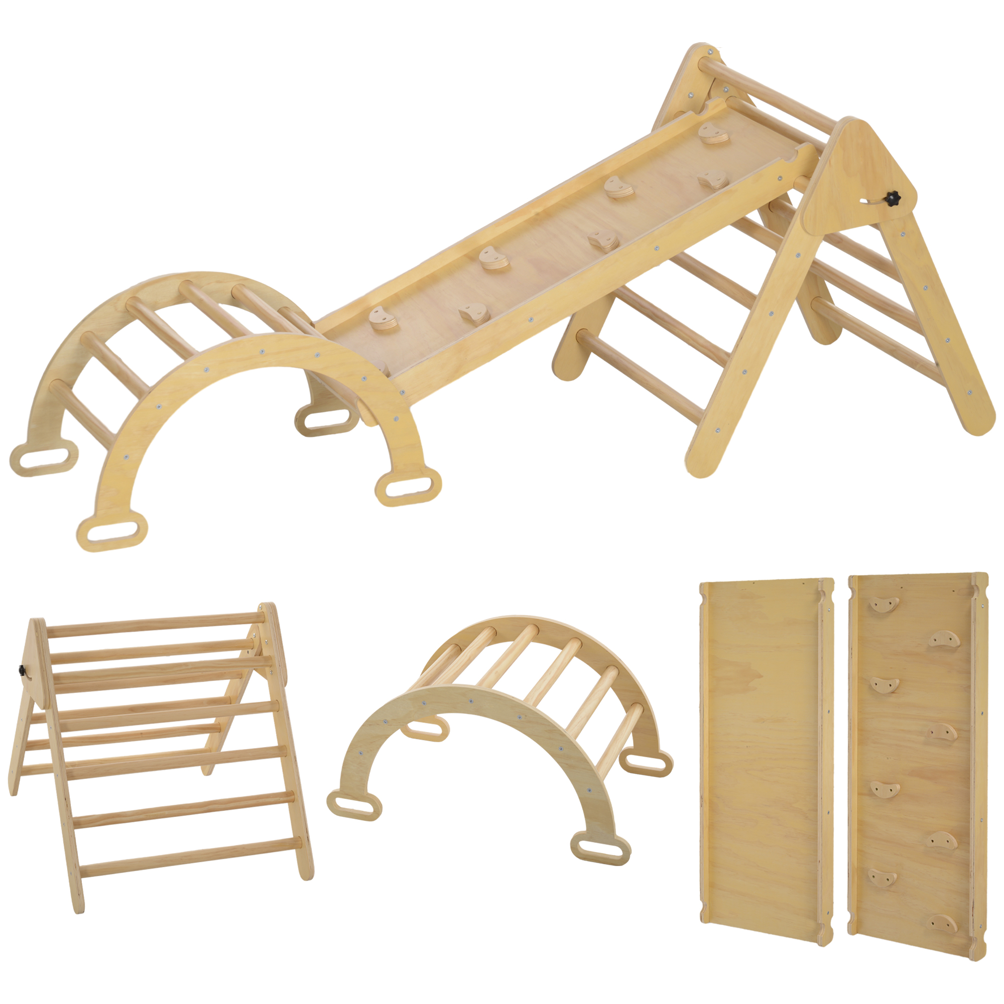 AIYAPLAY 5 en 1 Triángulo de Escalada de Madera Plegable con Rampa Escalador de Arco para Niños 178x64,5x63 cm Madera Natural