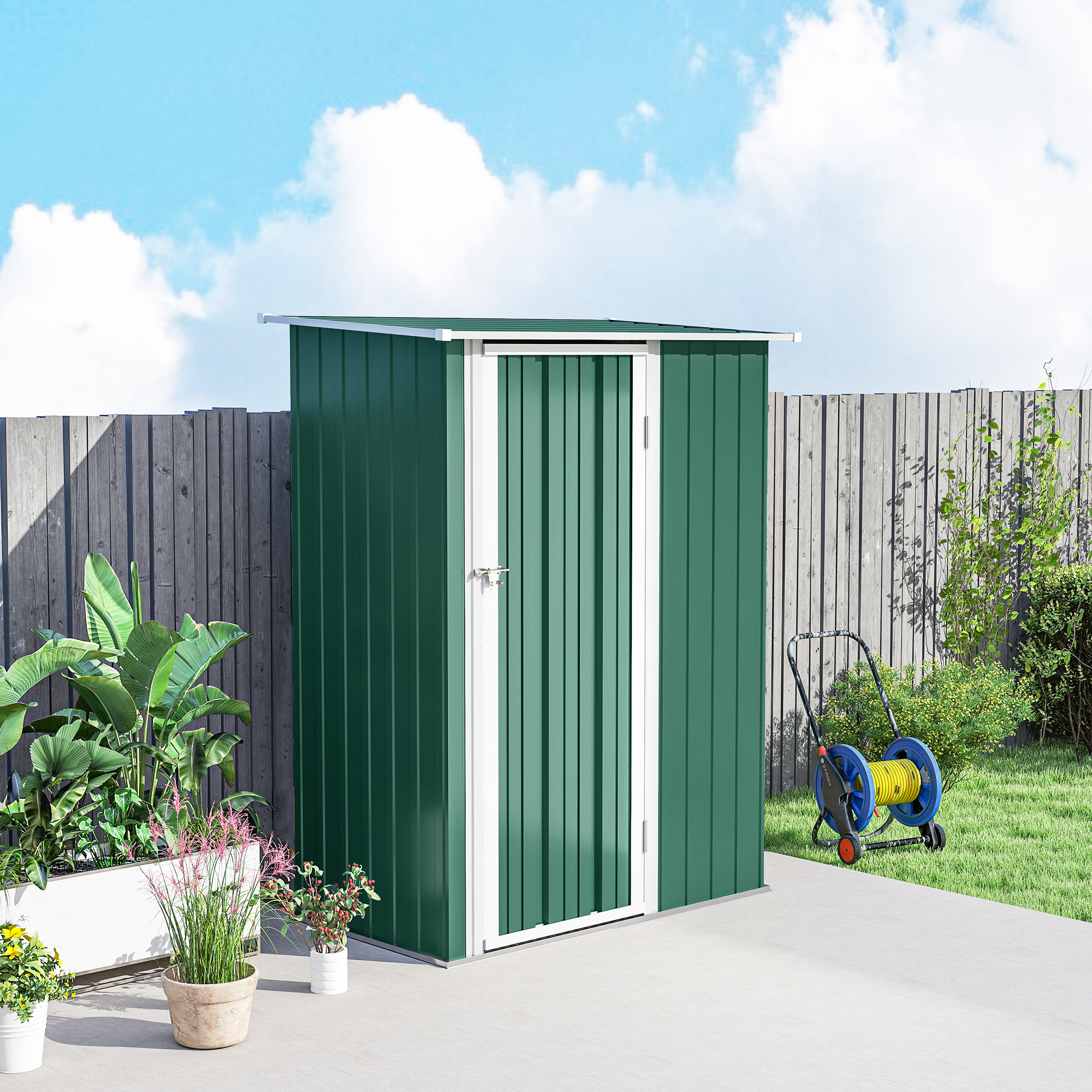 Outsunny 5ft x 3ft Garden Storage Shed, Outdoor Metal Shed with Sloped Roof, Lockable Door for Tools, Equipment, Green 9