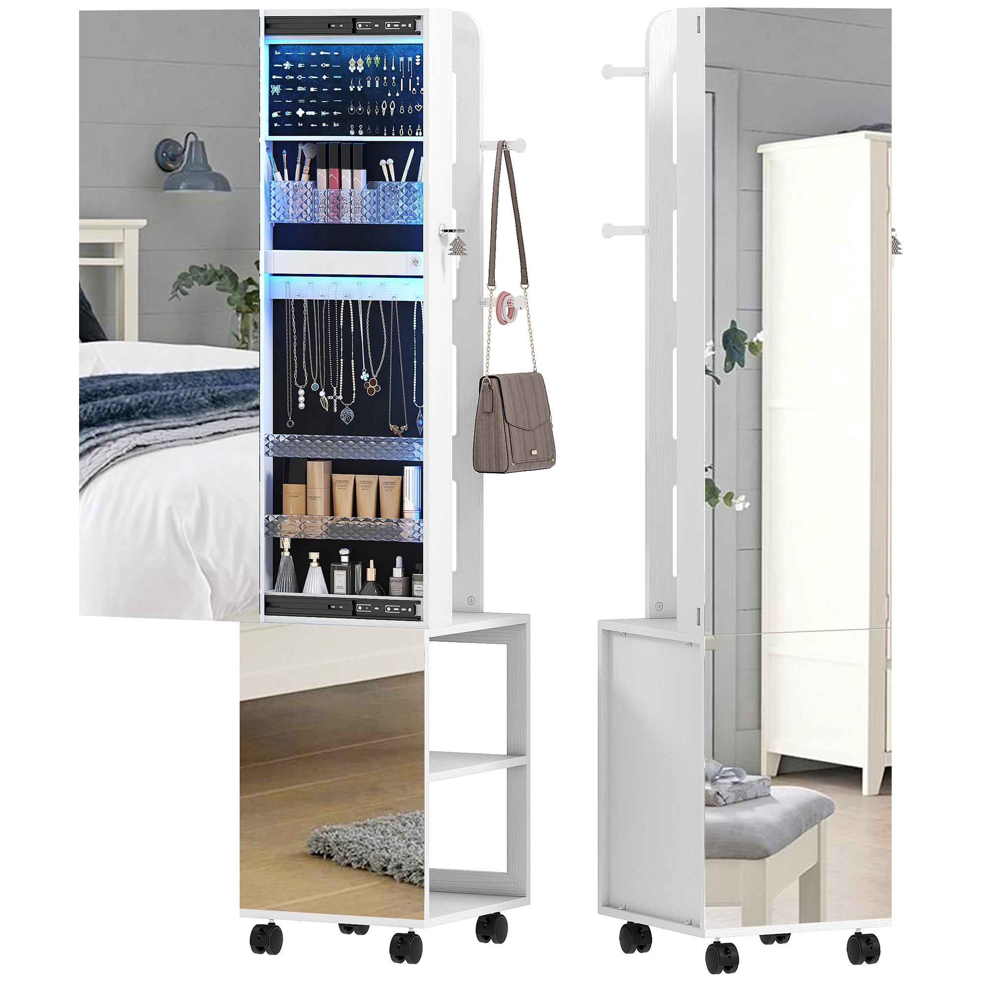 HOMCOM Armoire à bijoux armoire avec miroir sur pied pivotante à 360° éclairage LED 37x40x165,5cm cadre blanc, doublure noire