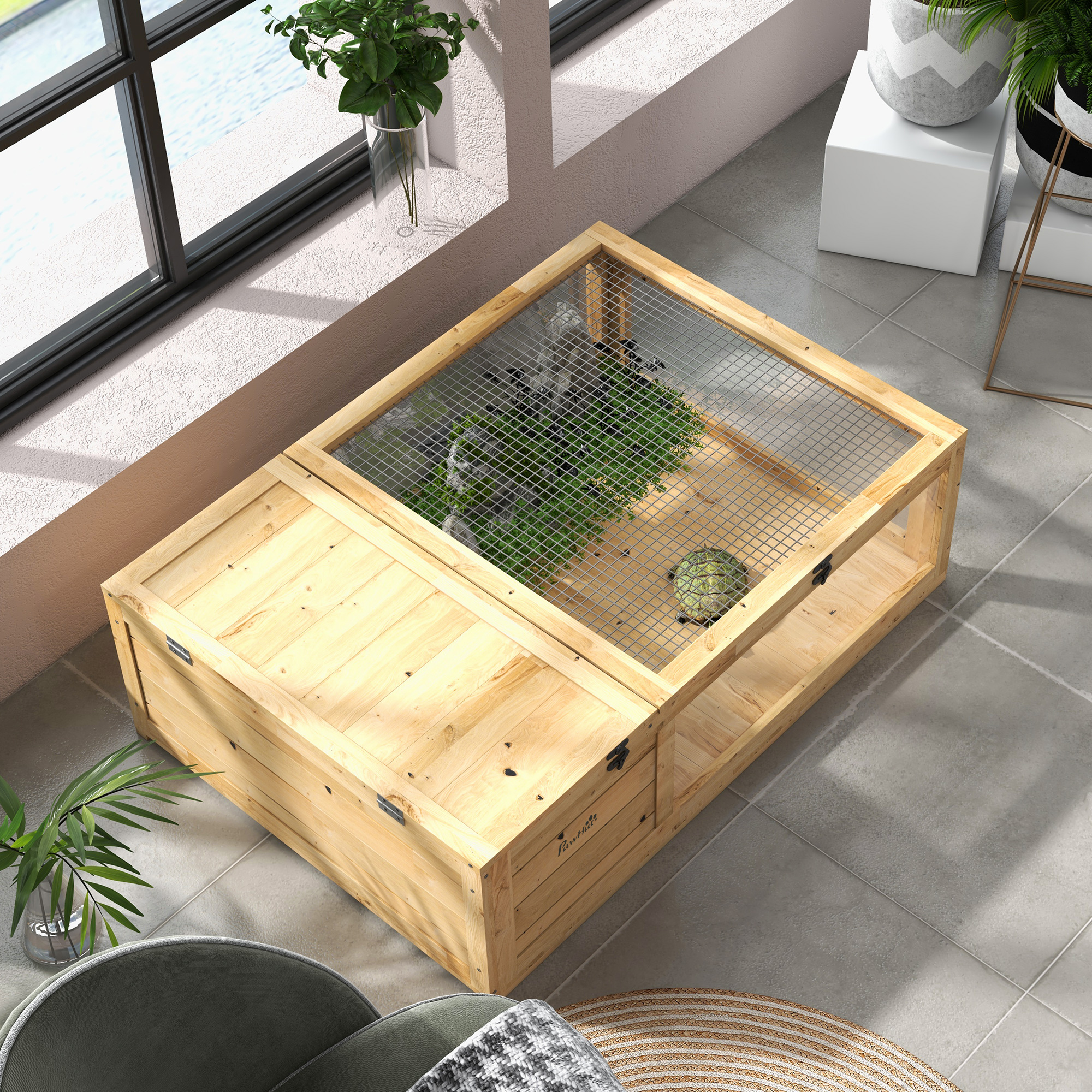 Casetta Per Tartarughe In Legno PawHut – Due Livelli Con PortaLampada Regolabile E Pannelli Trasparenti, 116 X 70,5 X 69,5 Cm, Arancione