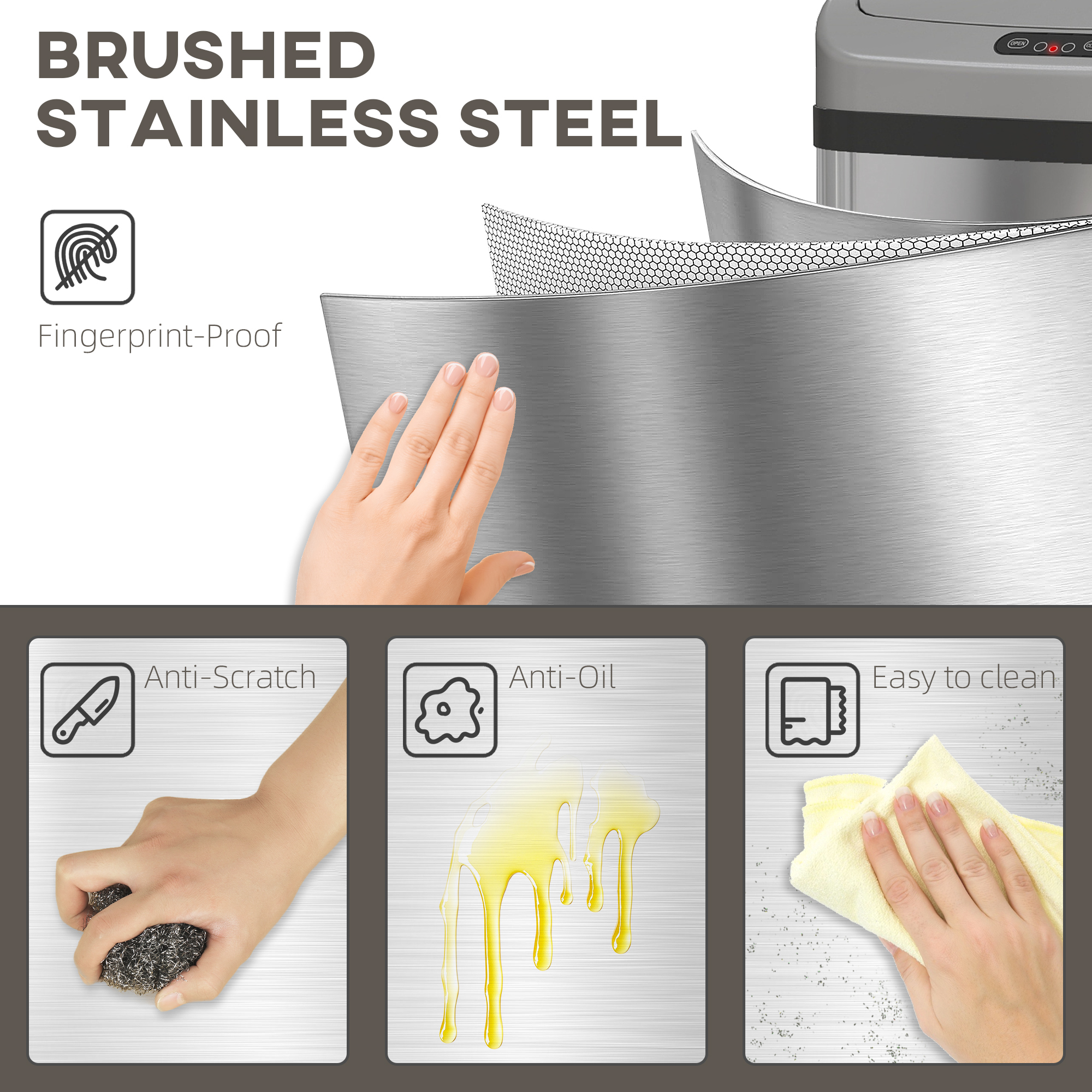 HOMCOM 48L Stainless Steel Sensor Bin Silver-Tone 5