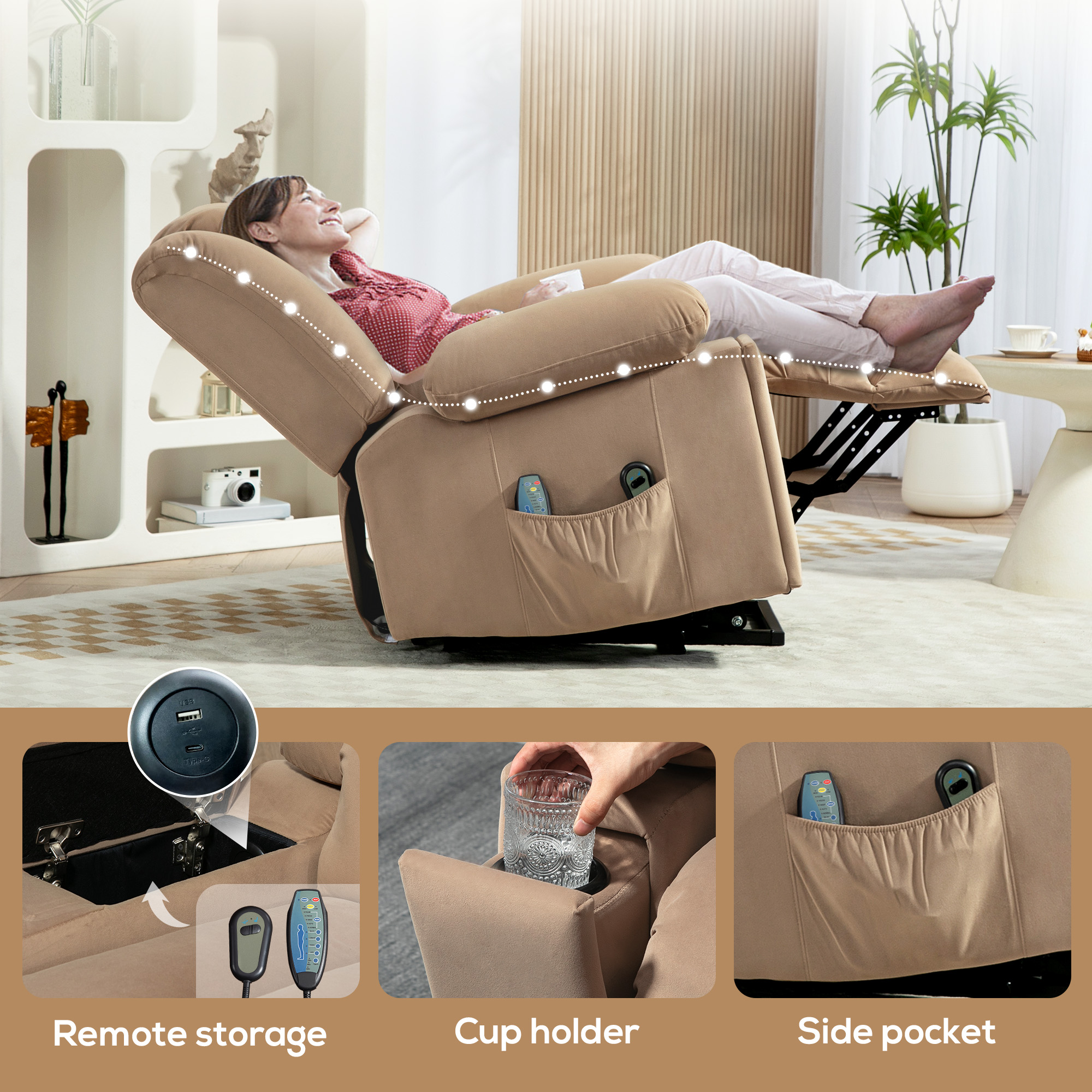 HOMCOM Velvet-Feel Electric Riser, Recliner and Massage Armchair Light Brown 8
