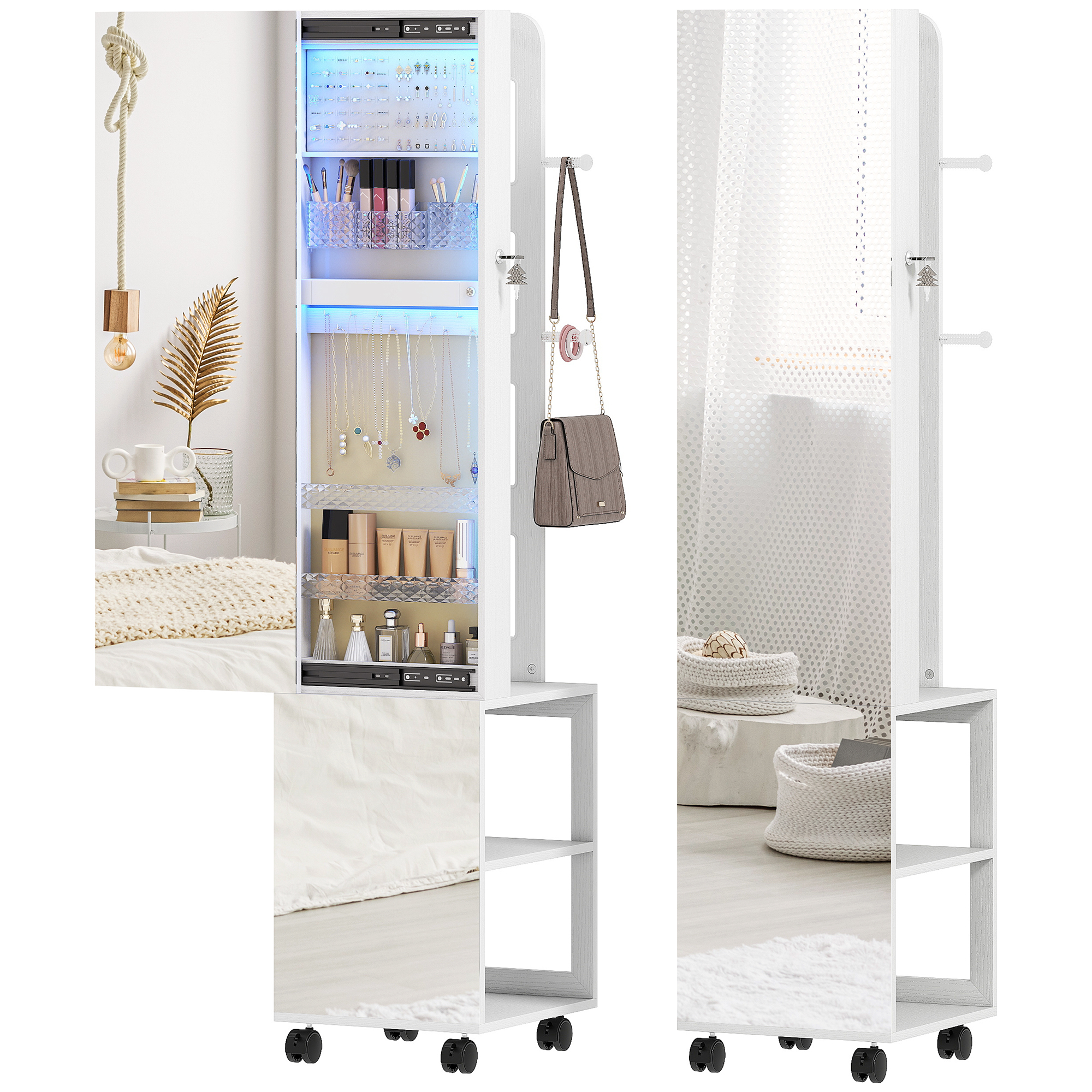 Image of HOMCOM Specchio Porta Gioielli con Luci LED Armadio per Gioielli a Giro di 360° Serratura e Chiavi Superficie Bianca e Rivestimento Beige Aosom Italy006