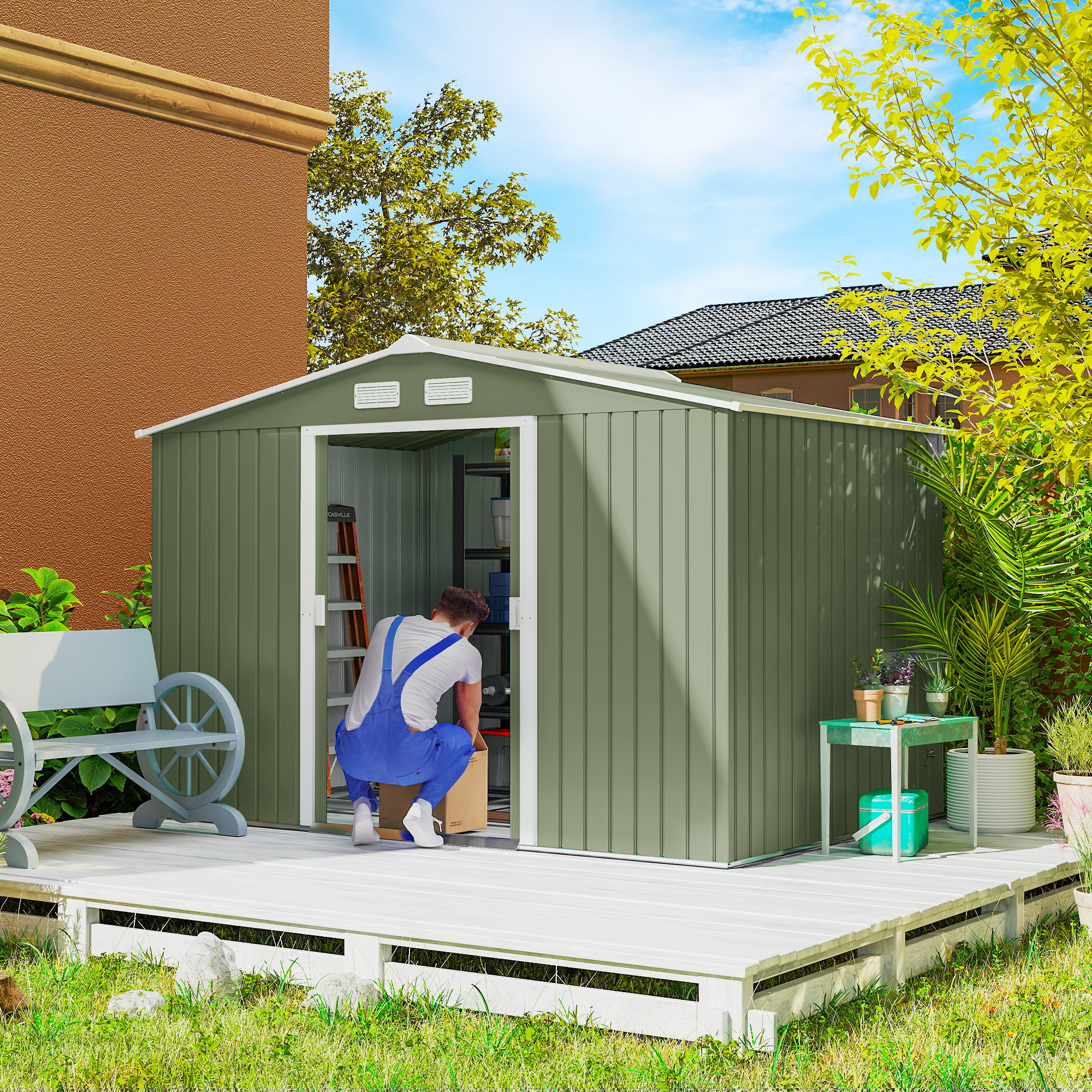 Outsunny Geräteschuppen Metall Gerätehaus mit Fundament Hellgrün 277 x 195 günstig online kaufen