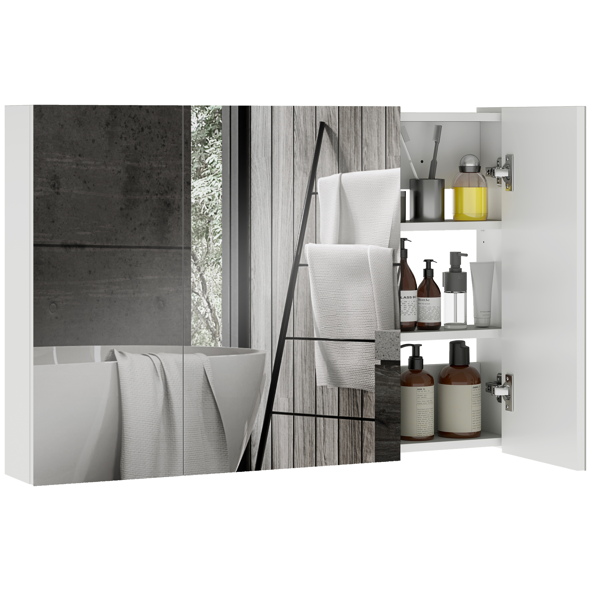 kleankin Armadietto Pensile Bagno con 3 Ante a Specchio e Ripiani Regolabili in Legno 90x13.5x60 cm, Bianco   Aosom Italy