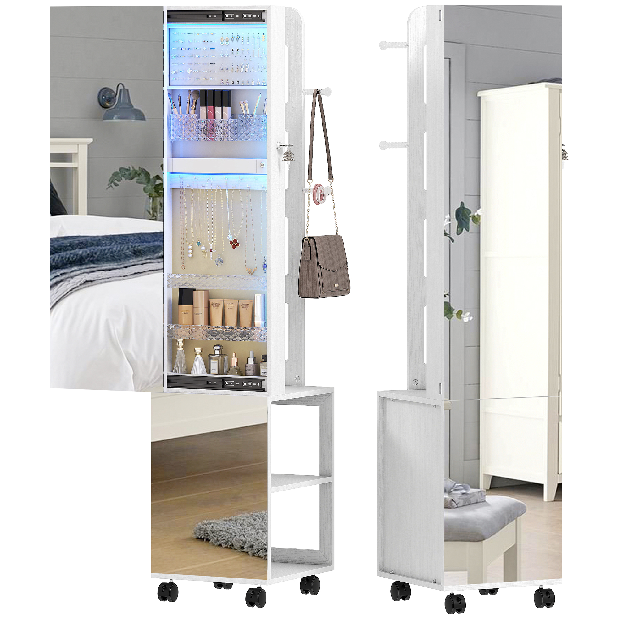 HOMCOM Miroir à Bijoux avec Lumières LED Armoire à Bijoux à Rotation de 360° Serrure et Clés Surface Blanc et Doublure Beige