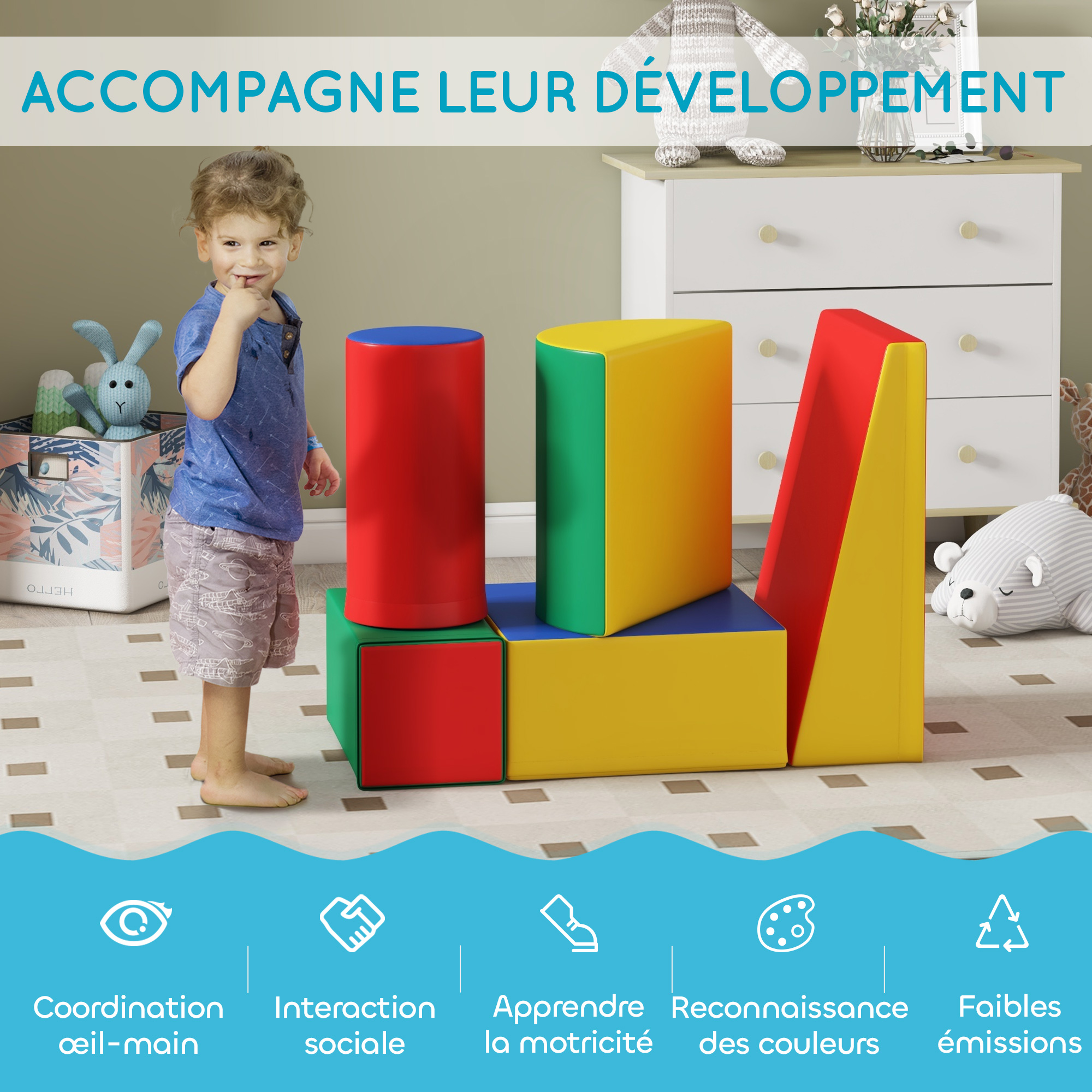 5PCS Module motricité bébé HOMCOM parcours motricité bébé en mousse EPE pour enfants d'âge préscolaire, multicolore