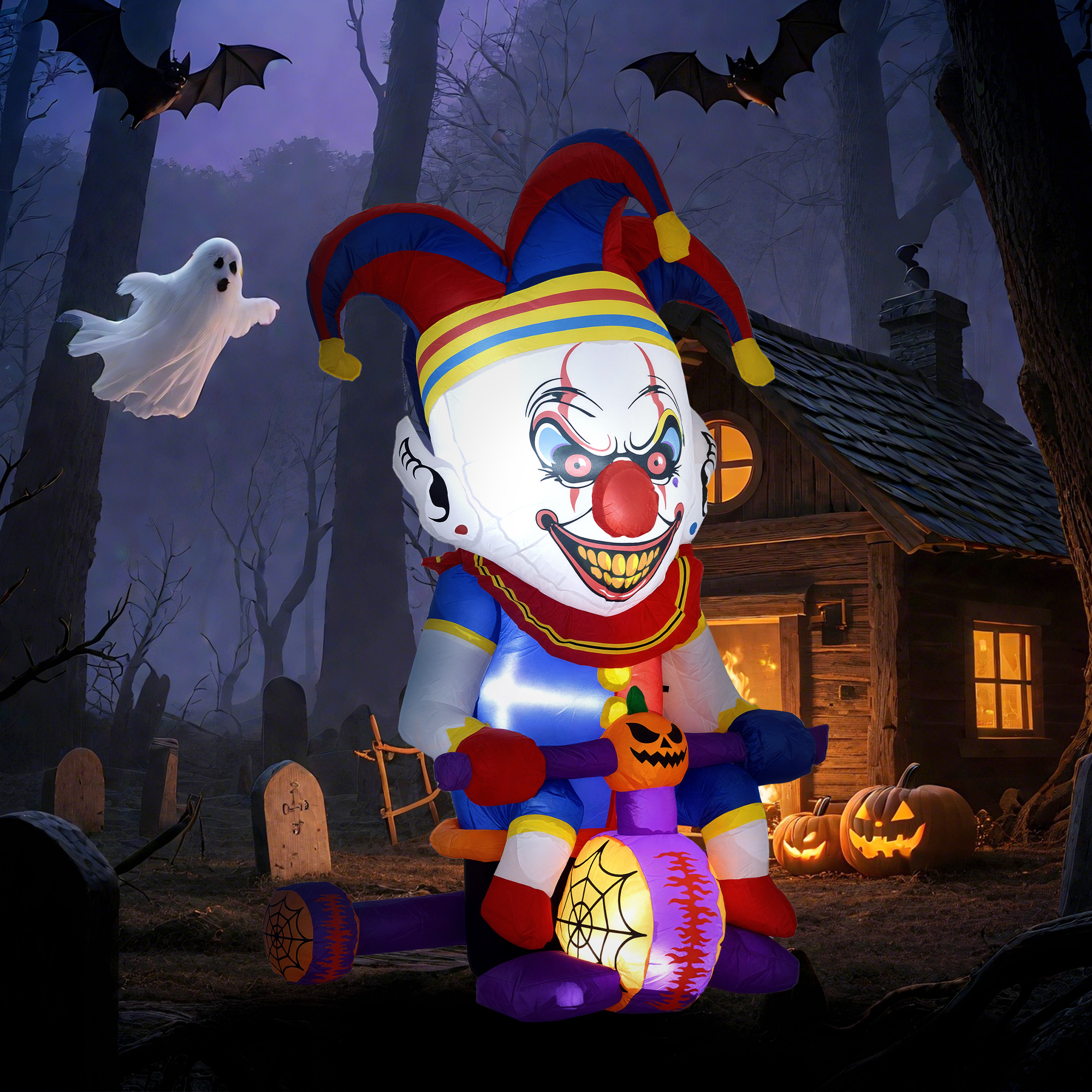 Outsunny 4ft Halloween Inflatable Clown on Bicycle, Blow Up Outdoor Halloween Decoration with 3 Built-in LED Lights for Garden, Party Indoor Outdoor 6
