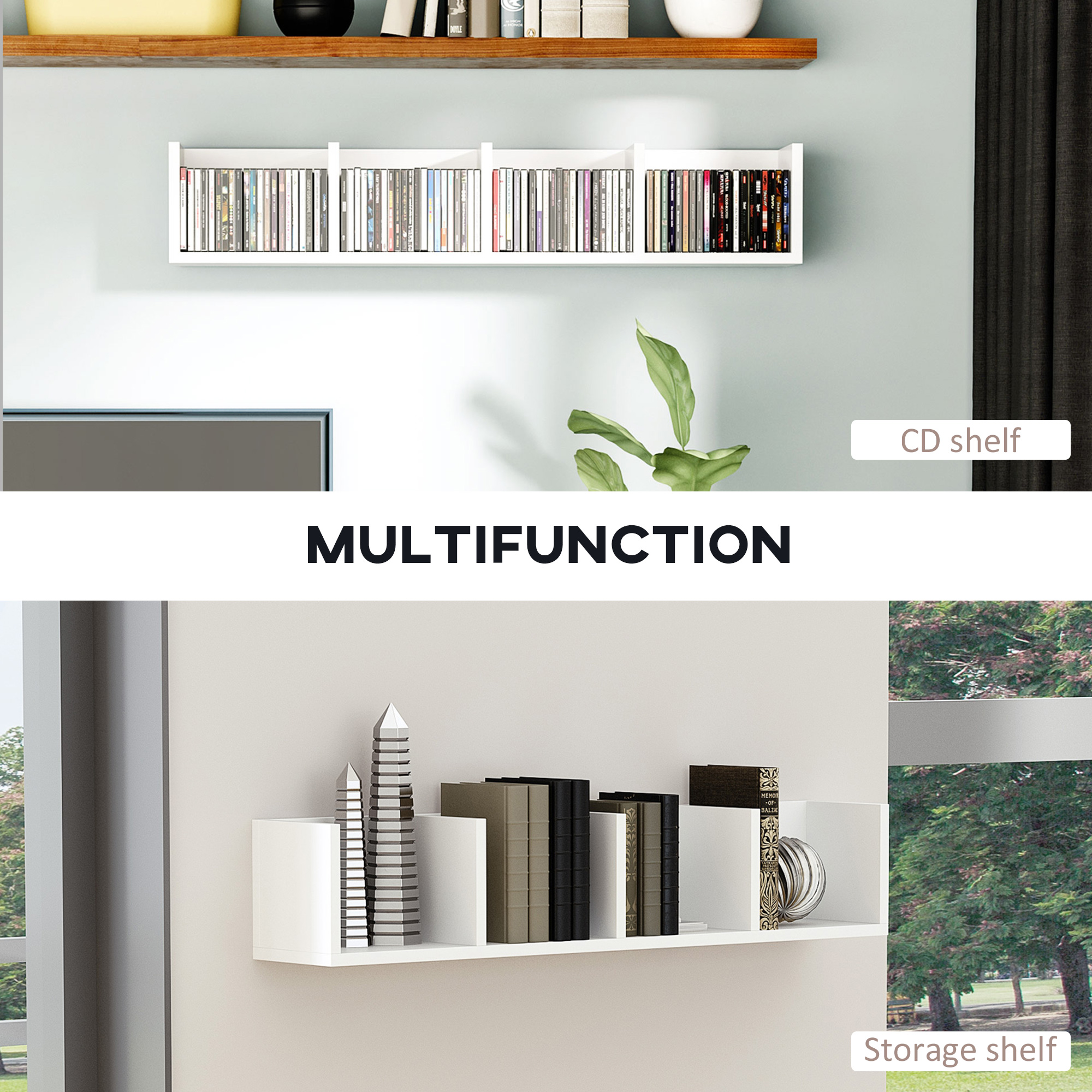HOMCOM Wall Mount 84 CD / 56 DVD/Blu-ray/ Media Storage Rack 4 Cubes Wooden Shelf Organizer Unit Bookcase Display (White) 5