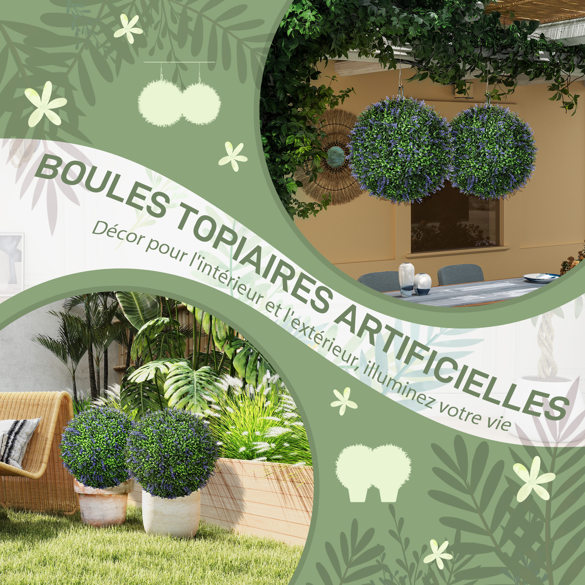 Lot De 2 Boules Topiaires Artificielles, Fausses Plantes Decoratives Resistantes Aux Uv 42 Cm Violet Et Vert 98583250