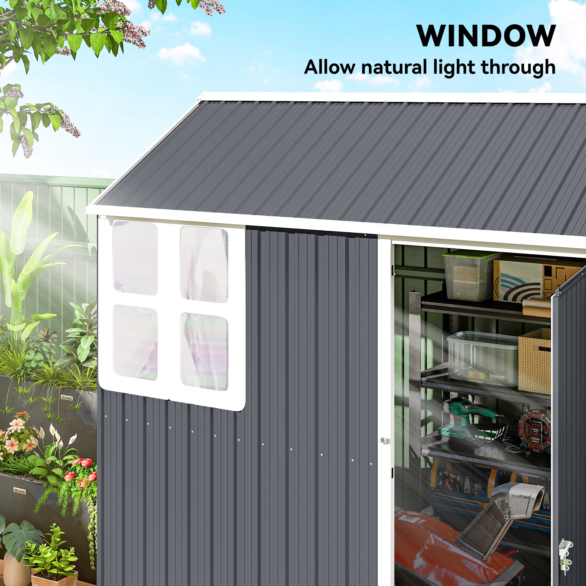 Outsunny 7 x 6ft Galvanised Garden Shed, with Latch Dark Grey 5