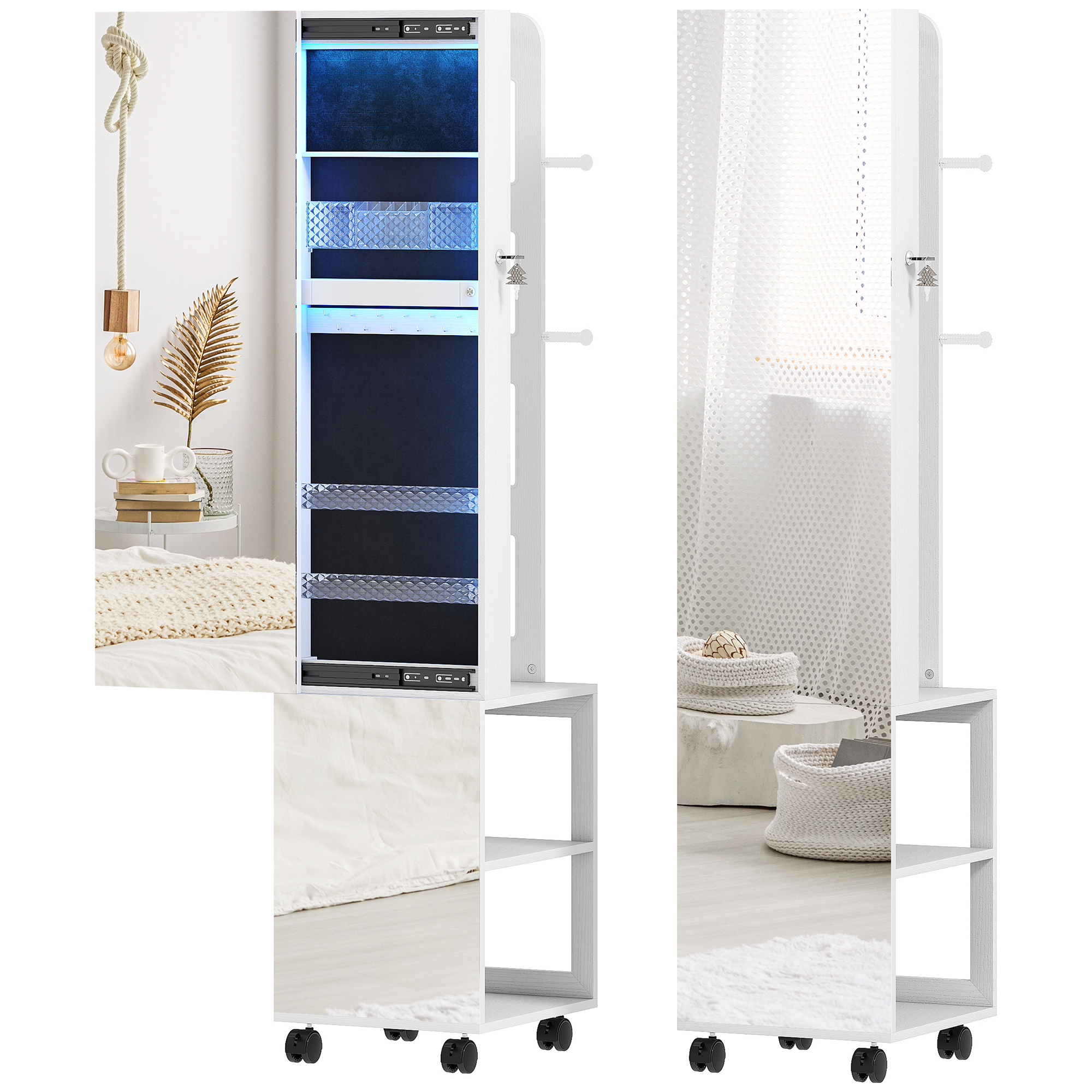 HOMCOM Armario Joyero con Espejo Giratorio 360°, Luz LED Ajustable, Cierre y Estantes, 37x40x165.5 cm, Negro