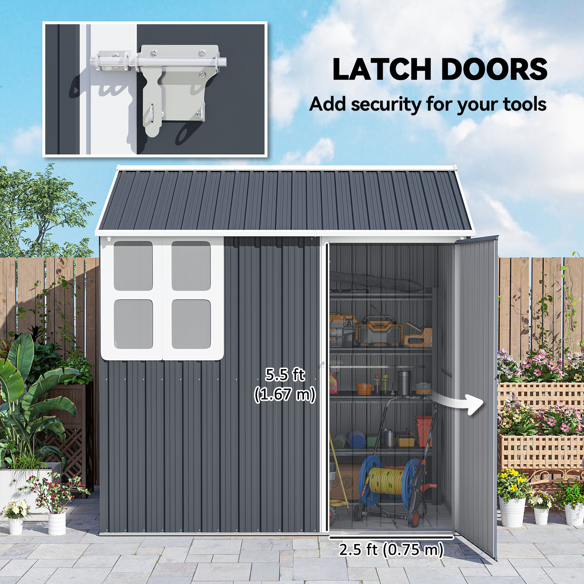 Outsunny 7 x 6ft Galvanised Garden Shed, with Latch Dark Grey 7