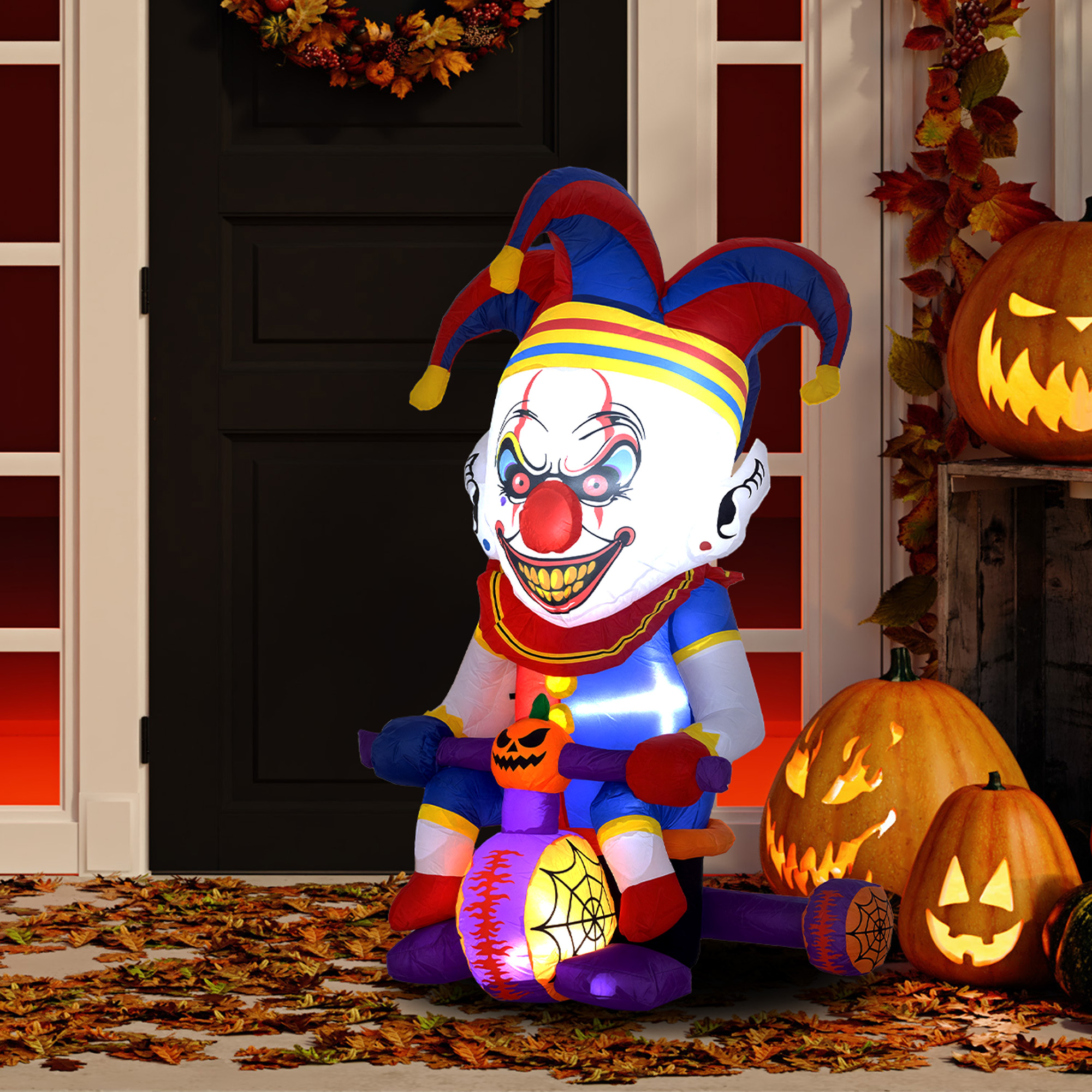 Outsunny 4ft Halloween Inflatable Clown on Bicycle, Blow Up Outdoor Halloween Decoration with 3 Built-in LED Lights for Garden, Party Indoor Outdoor 7