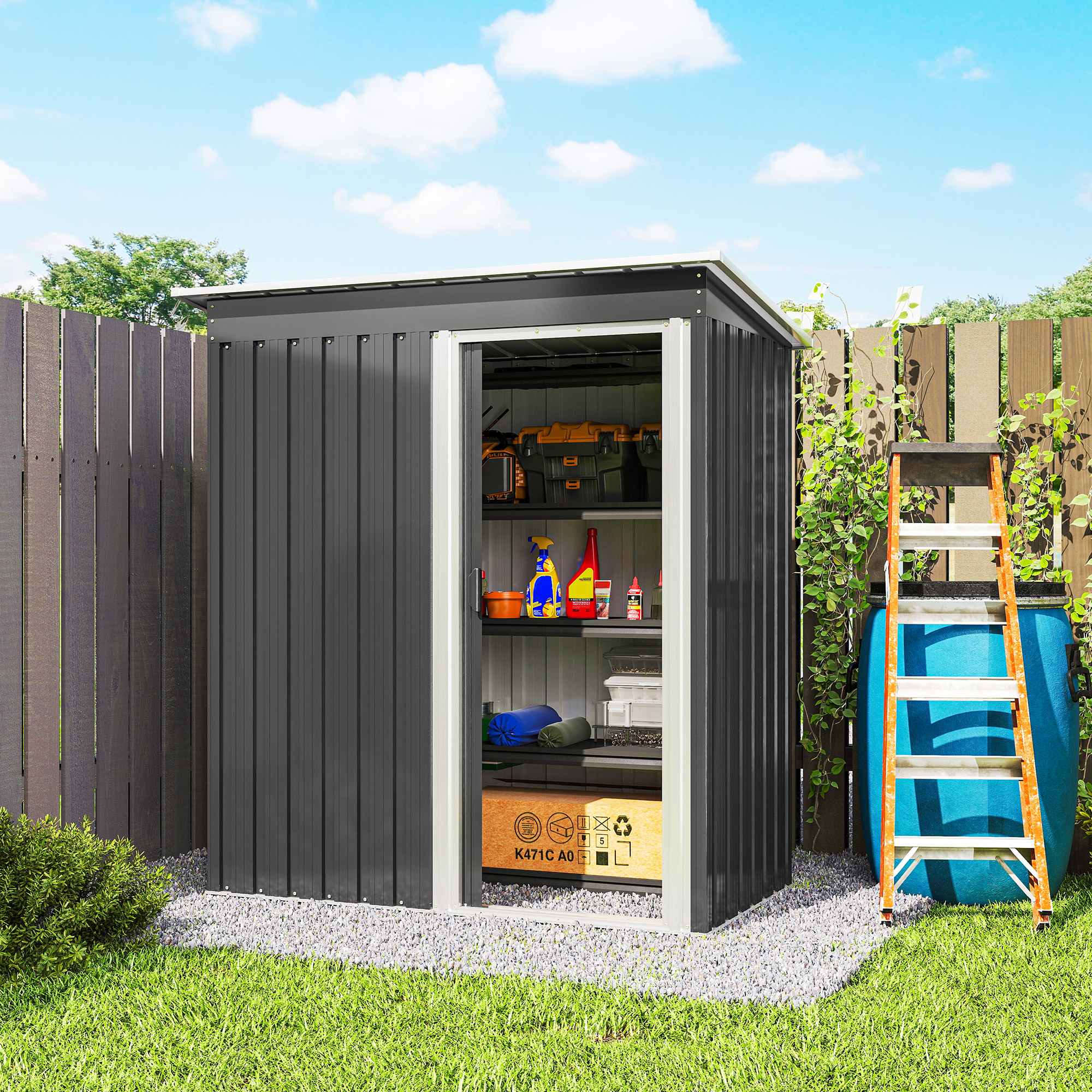 Outsunny 5 x 3ft Garden Storage Shed with Sliding Door and Sloped Roof Outdoor Equipment Tool, Black 9
