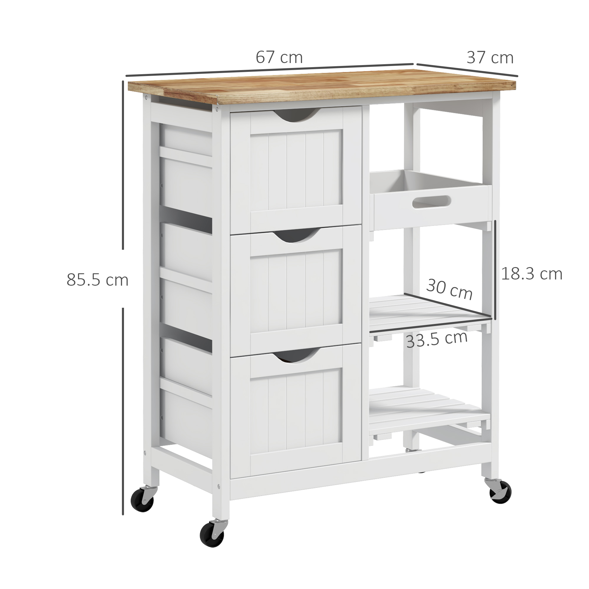 HOMCOM Rolling Kitchen Island Cart, Bar Serving Cart, Compact Trolley on Wheels with Wood Top, Shelves & Drawers for Home Dining Area, White 3