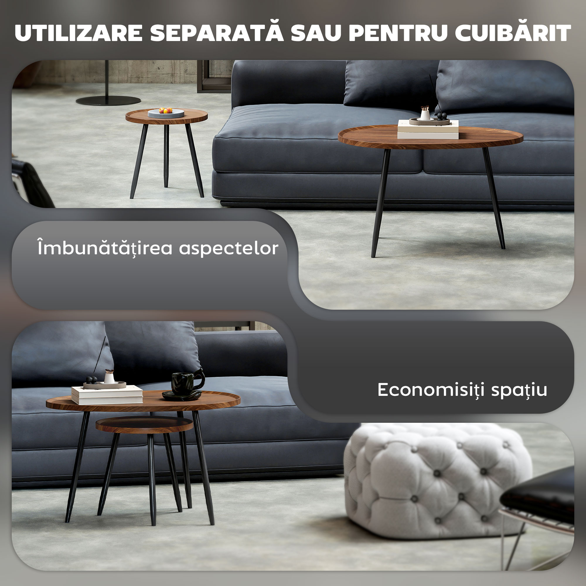  Set de 2 Masute de Cafea Suprapunabile din Lemn si Metal [3]