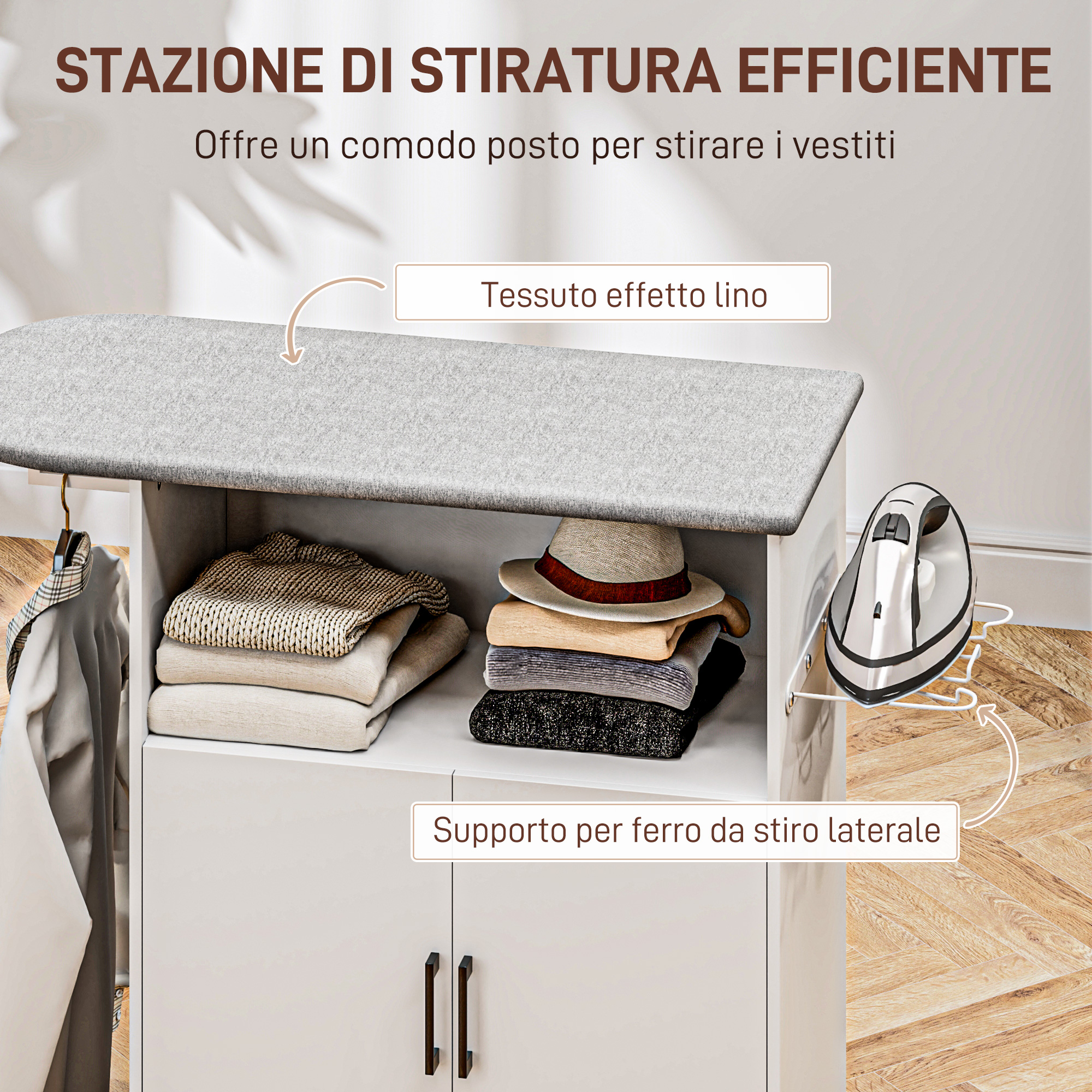 HOMCOM Mobile Asse da Stiro Pieghevole Salvaspazio Bianco